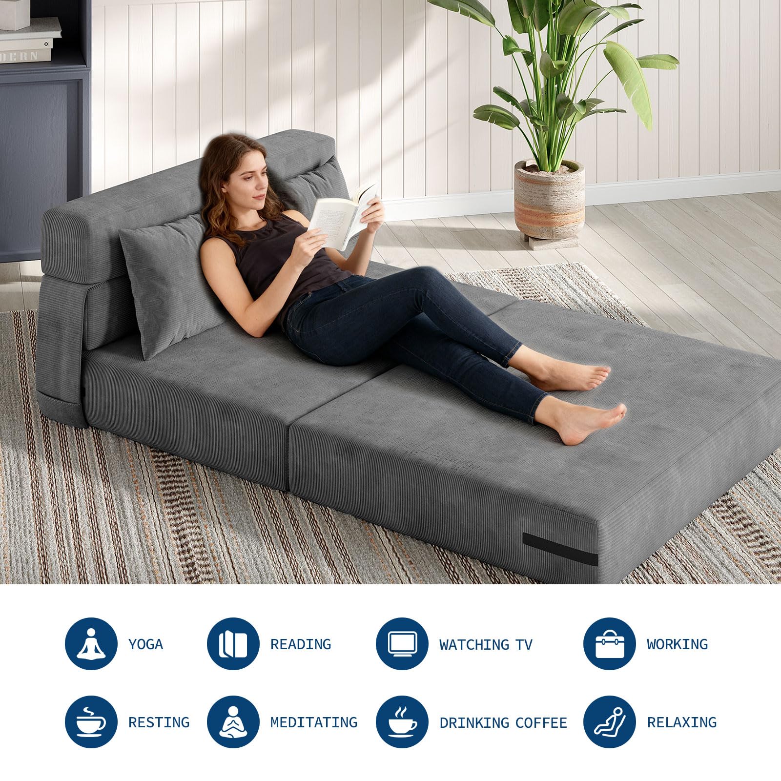 4-in-1 Convertible Folding Sofa Bed Chair with 2 Pillows – Tufted Twin Sleeper Loveseat, Portable Pull-Out Futon Couch, Comfy Floor Lounger with Back Support for Living Room, Bedroom, Guest r