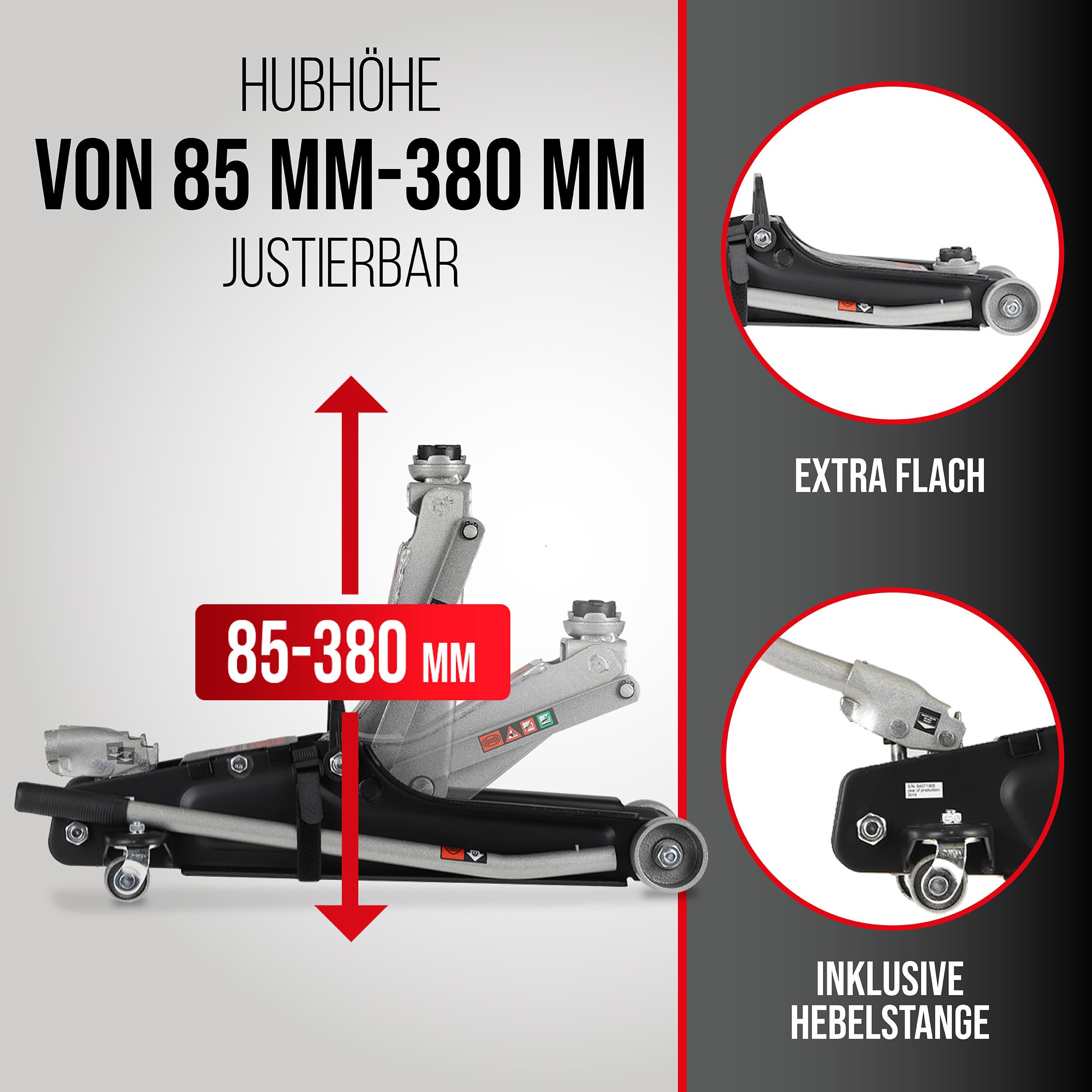 HEYNER® Wagenheber Rangierwagenheber Bundle inkl. Ersatzgummiauflage für Tesla Model 3 S Y X + 2,25t Kapazität + extra flach + robuste Qualität + Variable Hubhöhe 85-380mm