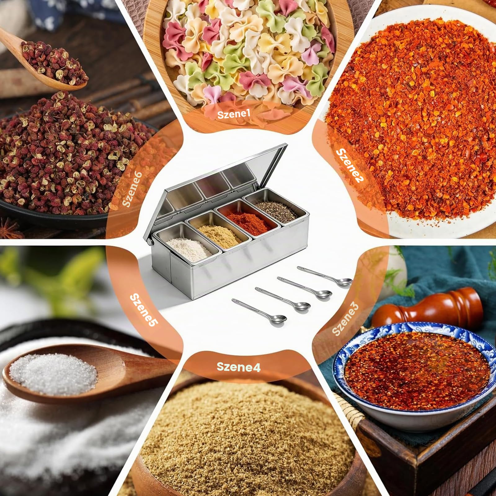 Zutatenbehälter Edelstahl, Pizza Zutatenbehälter, Gekühlter Gewürzbehälter mit Deckel und Löffel, Gewürzbox Beilagenbehälter, 4 Gitterx450ml Edelstahl Behälter für Buffet Salatbar Gastro PizzaStation