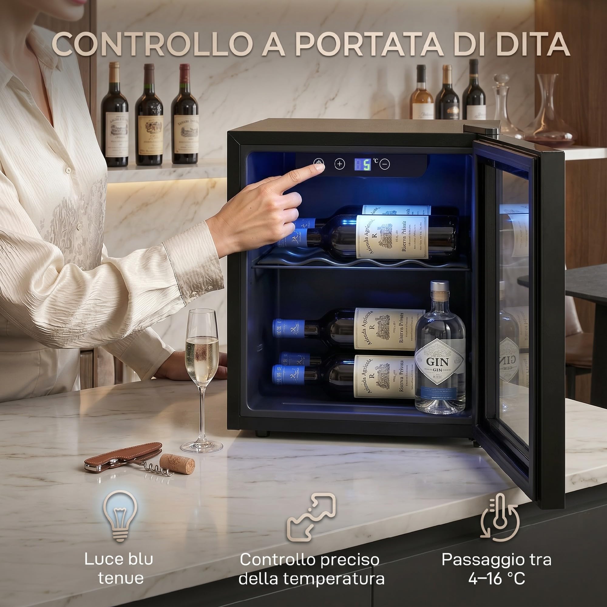 HOMCOM Cantinetta Vino Refrigerata 12 Bottiglie 36L con Temperatura Regolabile 4-16°C, Frigorifero per Vino con Vetro Anti-UV, Compressore, Ripiani, Display Touch, Luci LED, Classe G, Nera