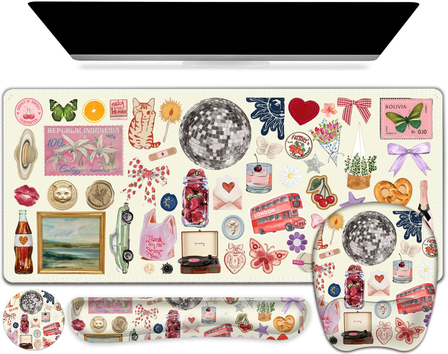 Beige Mouse Pad with Wrist Support 4 in1 Set, XXL Big Game Mousepad + Keyboard Wrist Rest + Mouse Wrist Rest Pad +Coaster Gaming Mat for Home Office Work Computer I Cute Design Stickers