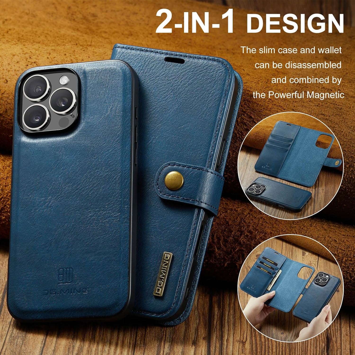 Detachable 2 in 1 Split Magnetic Flip Folio Wallet Case Compatible with iPhone 16 Pro Genuine Leather Phone Case with 3 Card Holder Slots Kickstand Shockproof Cover(Blue)