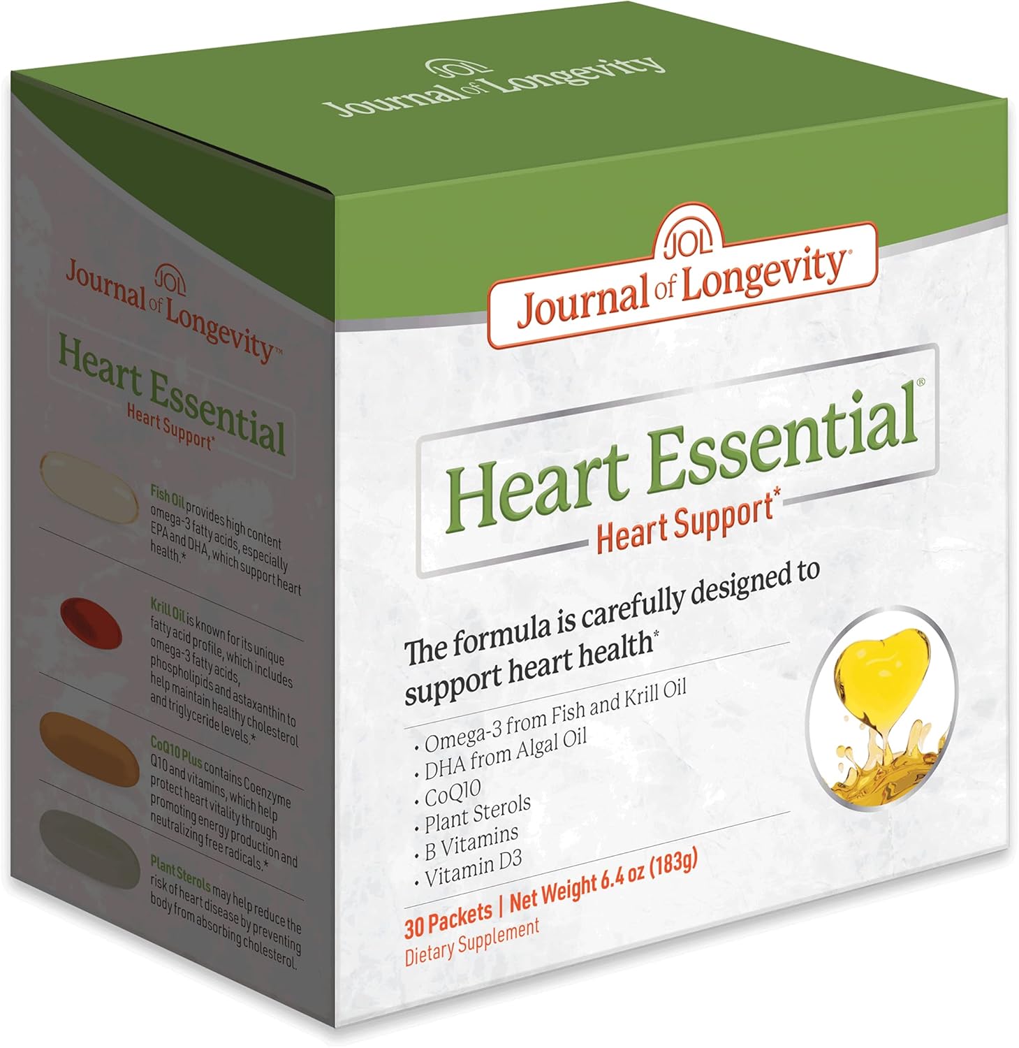Journal of Longevity Heart Essential™ - Capsules & Supplements with Coq10 Plus, Fish Oil, Krill Oil, & Plant Sterols for Heart Health - Pills with Omega 3 Fatty Acids, Vitamins B & D3 - (30 Packets) : Health & Household