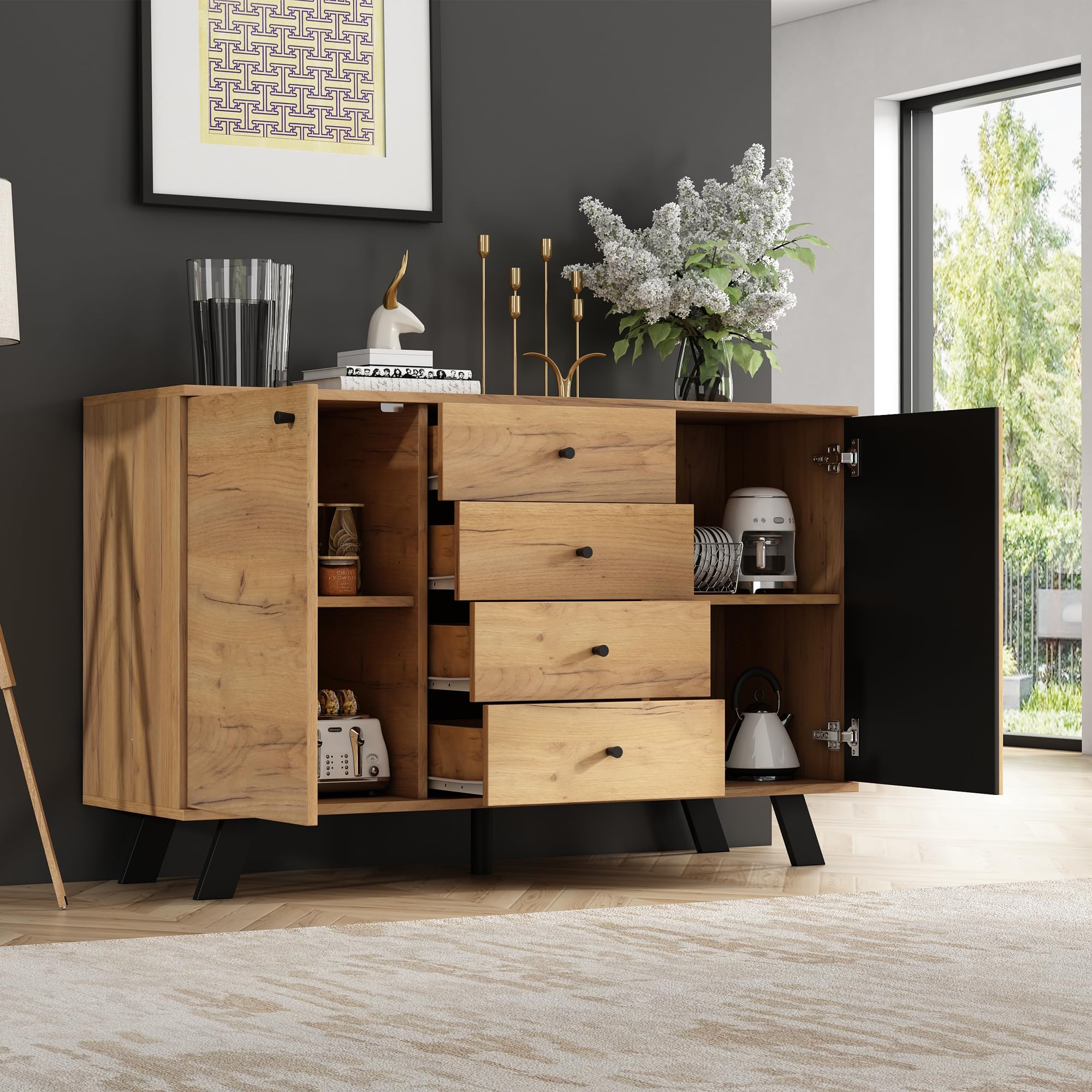 Sideboard Wohnzimmer, Buffetschrank, 120×38×75cm, Holzfarbe