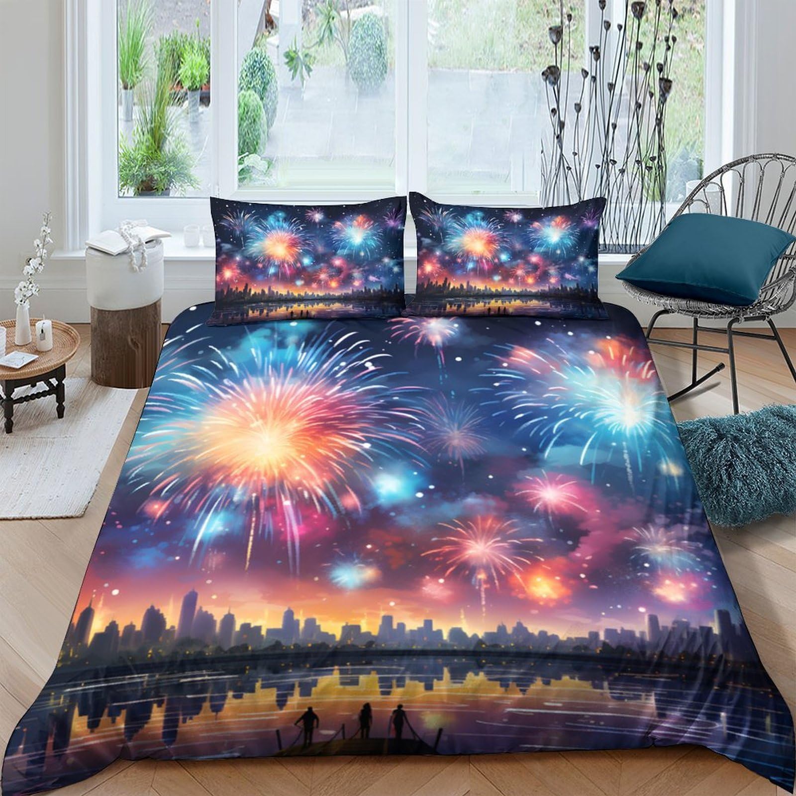Ctjqhvkz Style-1 3D Printed Fireworks Night City Fitted Sheet Microfiber Soft Slip-Resistant Bed Cover For Bedroom Guestroom Mattress Decor Single（135X200cm）