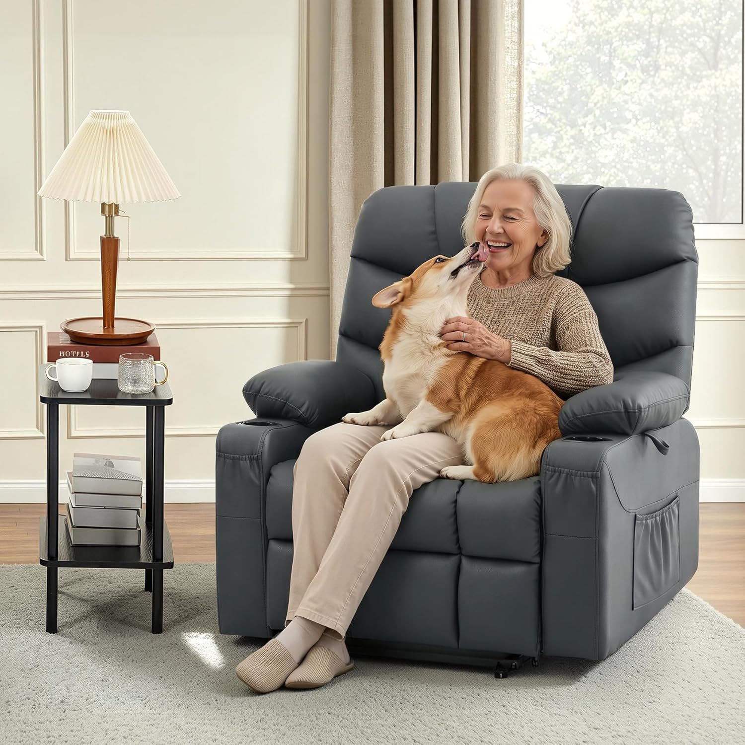 MCombo Oversized Power Lift Recliner Chair with Extended Footrest, Extra Wide for Big and Tall Elderly People, Faux Leather R7289 (Dark Grey, Medium-Oversize)