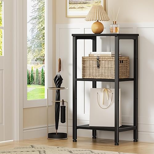 Miniatura 27 de Mesa auxiliar alta con estación de carga, mesita de noche estrecha de 3 niveles con almacenamiento, mesa auxiliar delgada con puertos USB y salidas