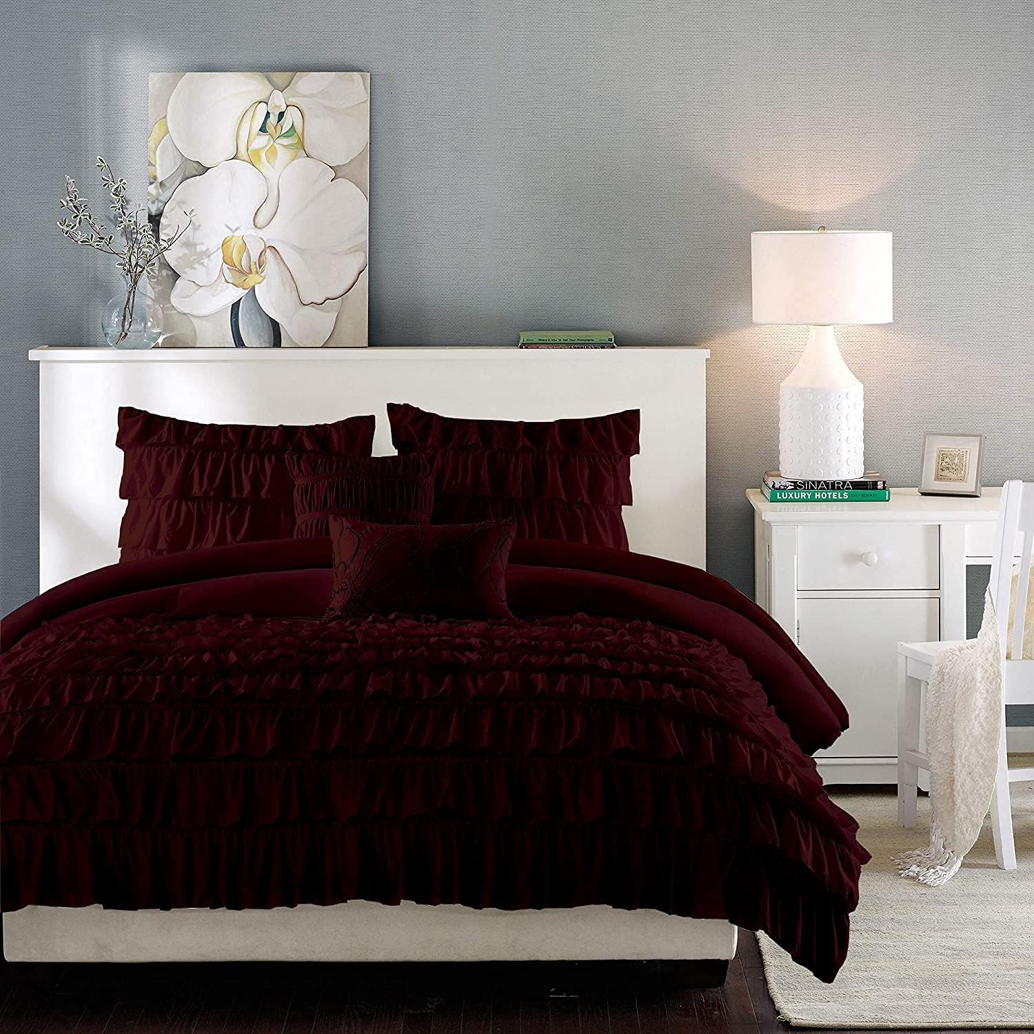 100% Egyptian Cotton Luxury Comfort 400 TC - 1 Piece Solid Half Ruffle Duvet Cover with Zipper Closer(1 Duvet Cover) (King/California King, Wine)