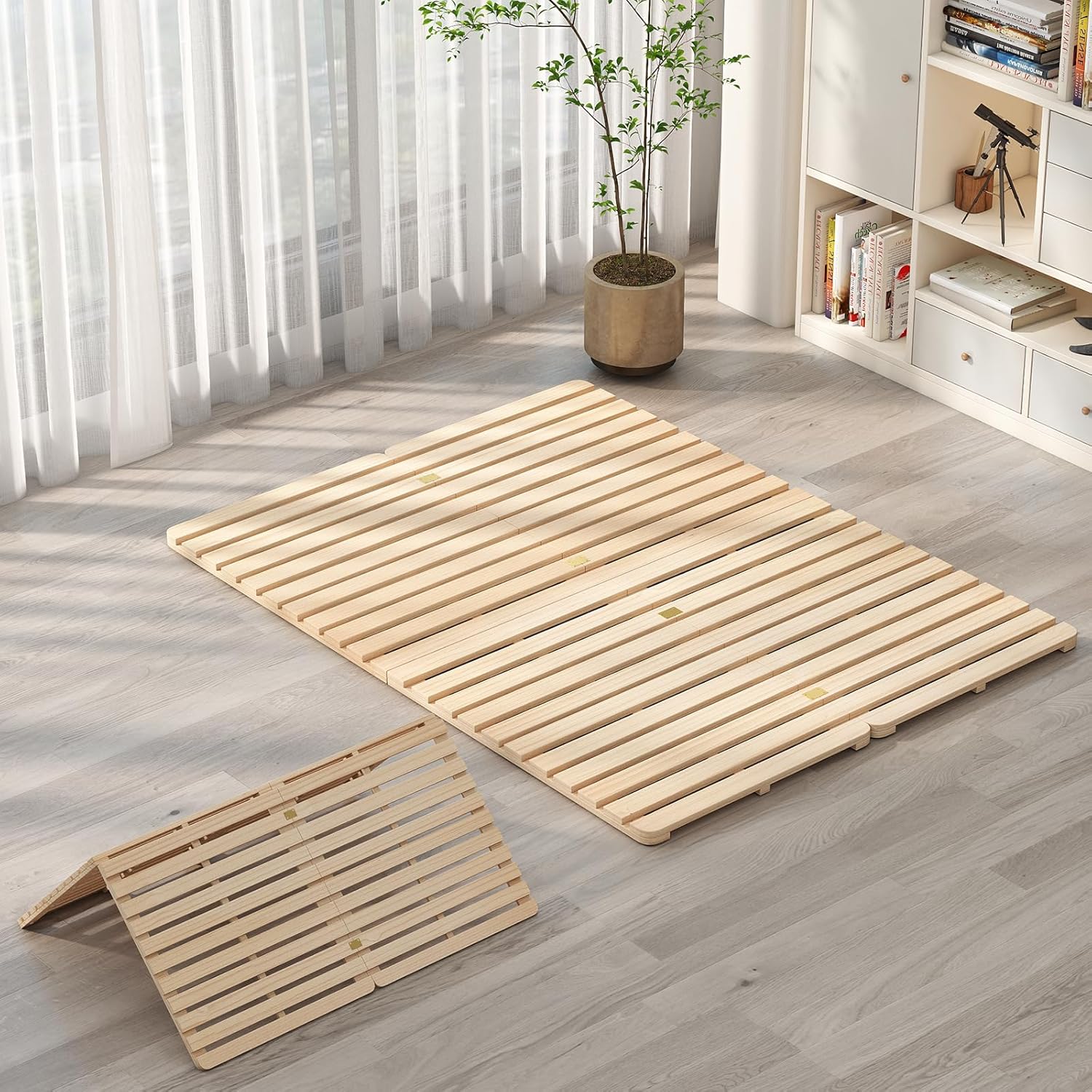 DoCred Solid Pine Wood Foldable Slatted Bed, Japanese Floor Bed Frame Moisture-Proof, Beds Plate for Japanese Floor Futon Mattress, Guest Tatami Mat, Floor Sleep Bedding, Queen