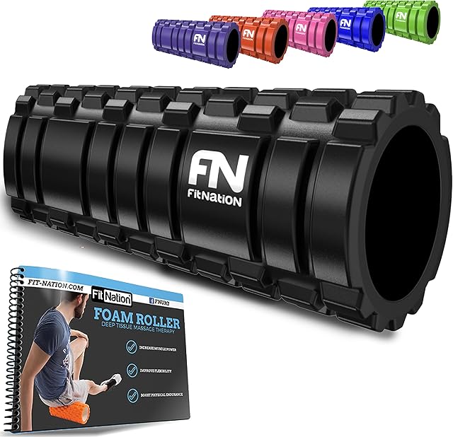 Fit Nation Foam Roller for Muscle Massage with Exercise Book, Ultra Lightweight Hollow Core Muscle Roller for Deep Pain Relief in Your Aching Legs, Body and Back. Ideal For Runner Cyclist Footballer Athlete