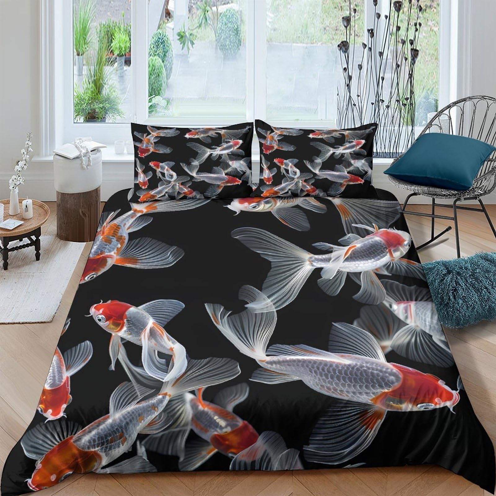 Ctjqhvkz Style-3 3D Printed Koi Fish Fitted Sheet Microfiber Black Goldfish Bed Cover Non-Slip Washable For Bedroom Guest Room Decor Single（135X200cm）