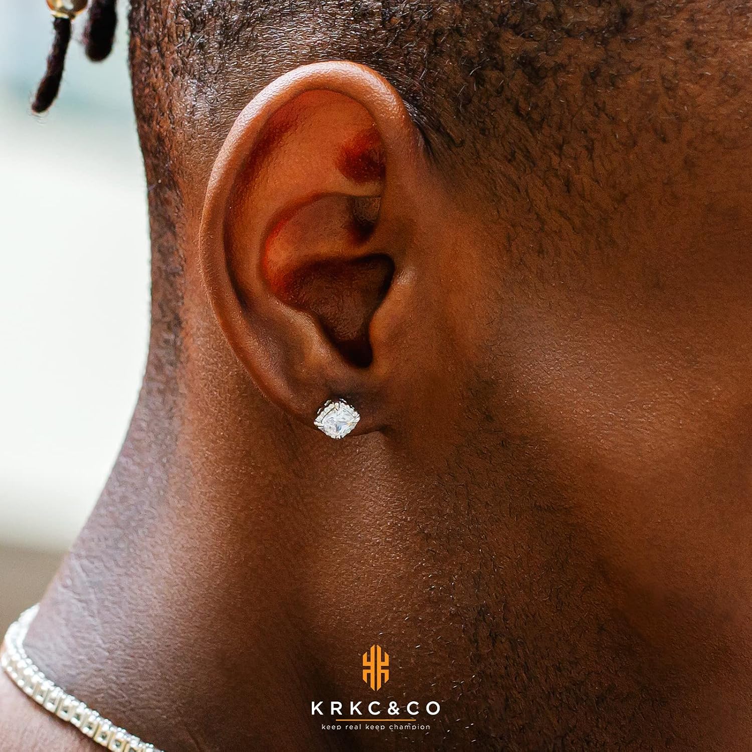 KRKC&CO Earrings for Men, Sterling Silver, Birthday Gift for Mens, 14K/White Gold Studs, Blue Iced Out Earring, Hypoallergenic Ear, 5A CZ Stones, Fathers Day, Party Jewelry