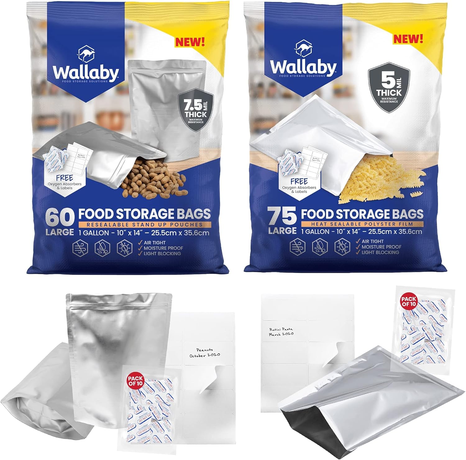 75 Wallaby Mylar Bags - Bundle - 1 Gallon - Silver with Oxygen Absorbers and Labels and 60 Mylar Bag Bundle - 1 Gallon Stand-Up Zipper Pouches - (7.5 Mil-10’’x14’’), Oxygen Absorbers, Labels
