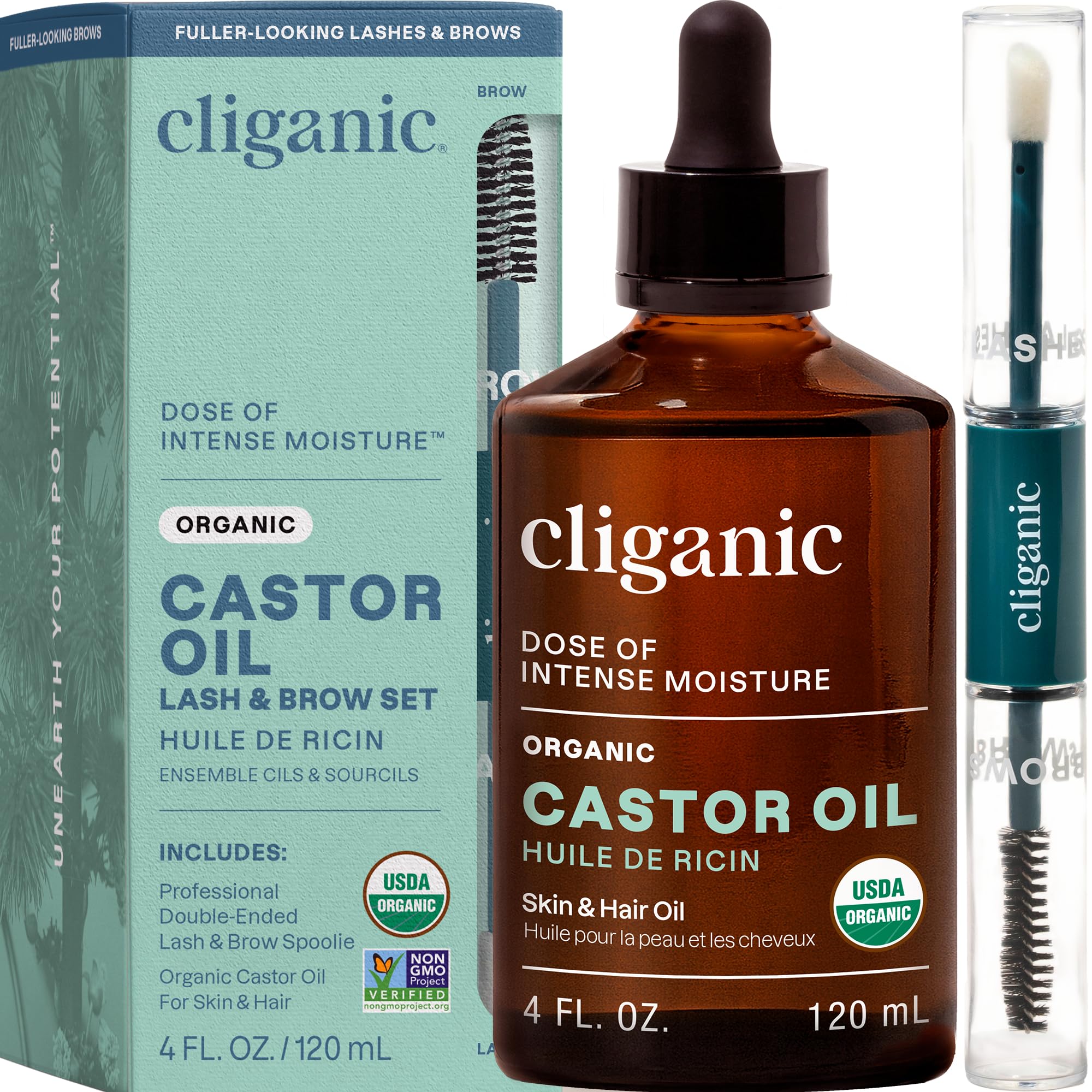 Cliganic Organic Castor Oil, 100% Pure (4oz with Eyelash Kit) - For Eyelashes, Eyebrows, Hair & Skin