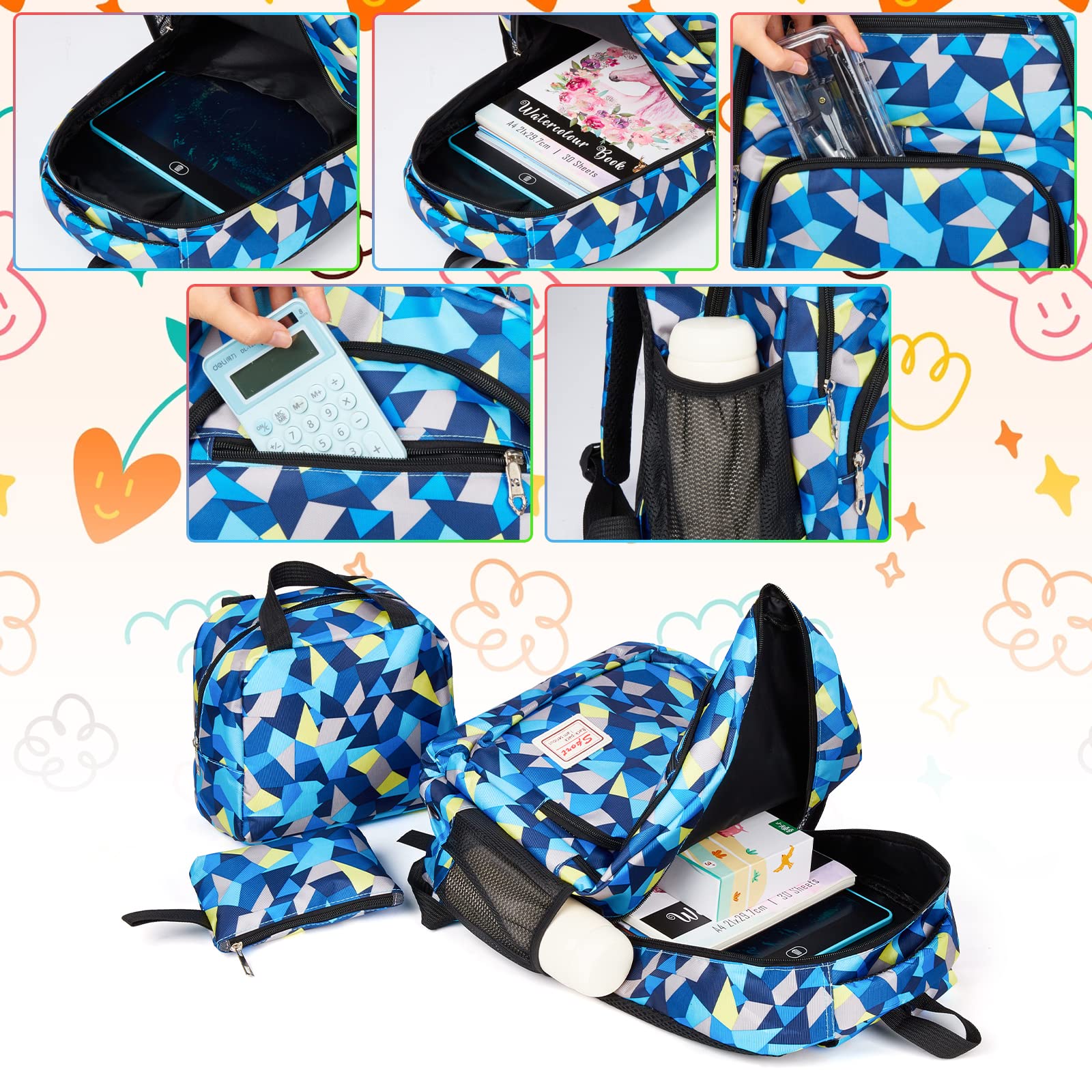 Sciphylia Cartable Fille Primaire Garcon Imperméable Sac a Dos Enfant Fille CP CE2 Elementaire 3 en 1 Sac à Dos Poids Léger avec Sacs à Lunch et Trousse pour CE1 CM1 CM2 D'école Étudiants, Bleu