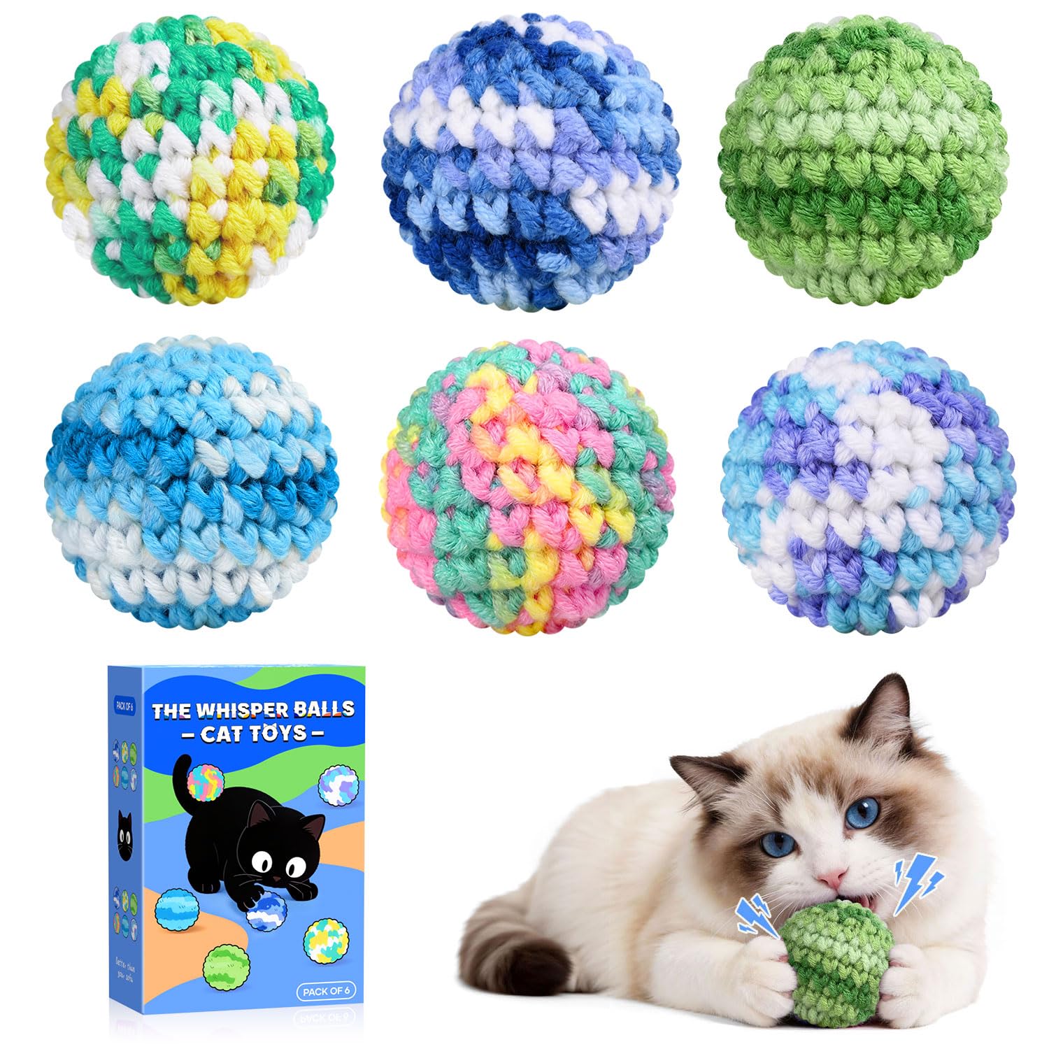 SYHZC Hand-Knitted Cat Toy Balls (6 Pack) – Quiet Cat Toys for Indoor Cats, Soft Cotton Cat Balls with Gentle Bell, Interactive Kitten Toys, Safe 4.5cm Knitted Cat Ball Set (Pastel Multicolour)