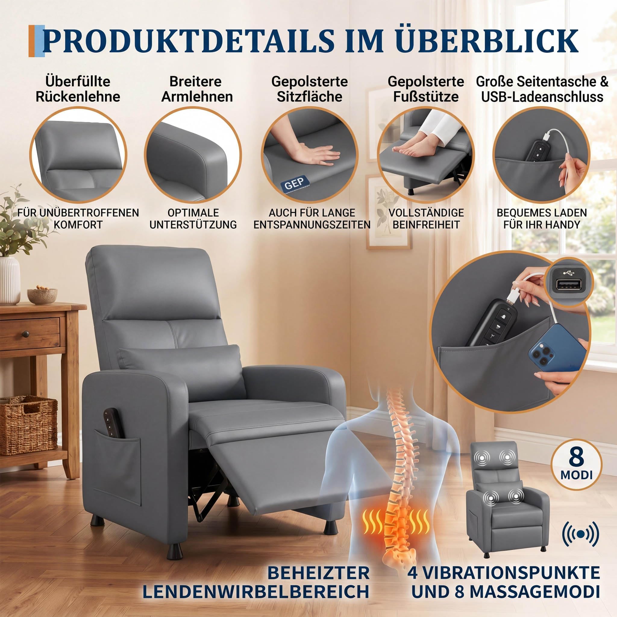 GarveeLife Sillón Reclinable Eléctrico con Masaje y Calor, Polipiel, Gris | Con estructura de hierro, respaldo eléctrico regulable, para salón o sala de estar, cada unidad mide 83 x 76 x 102 cm