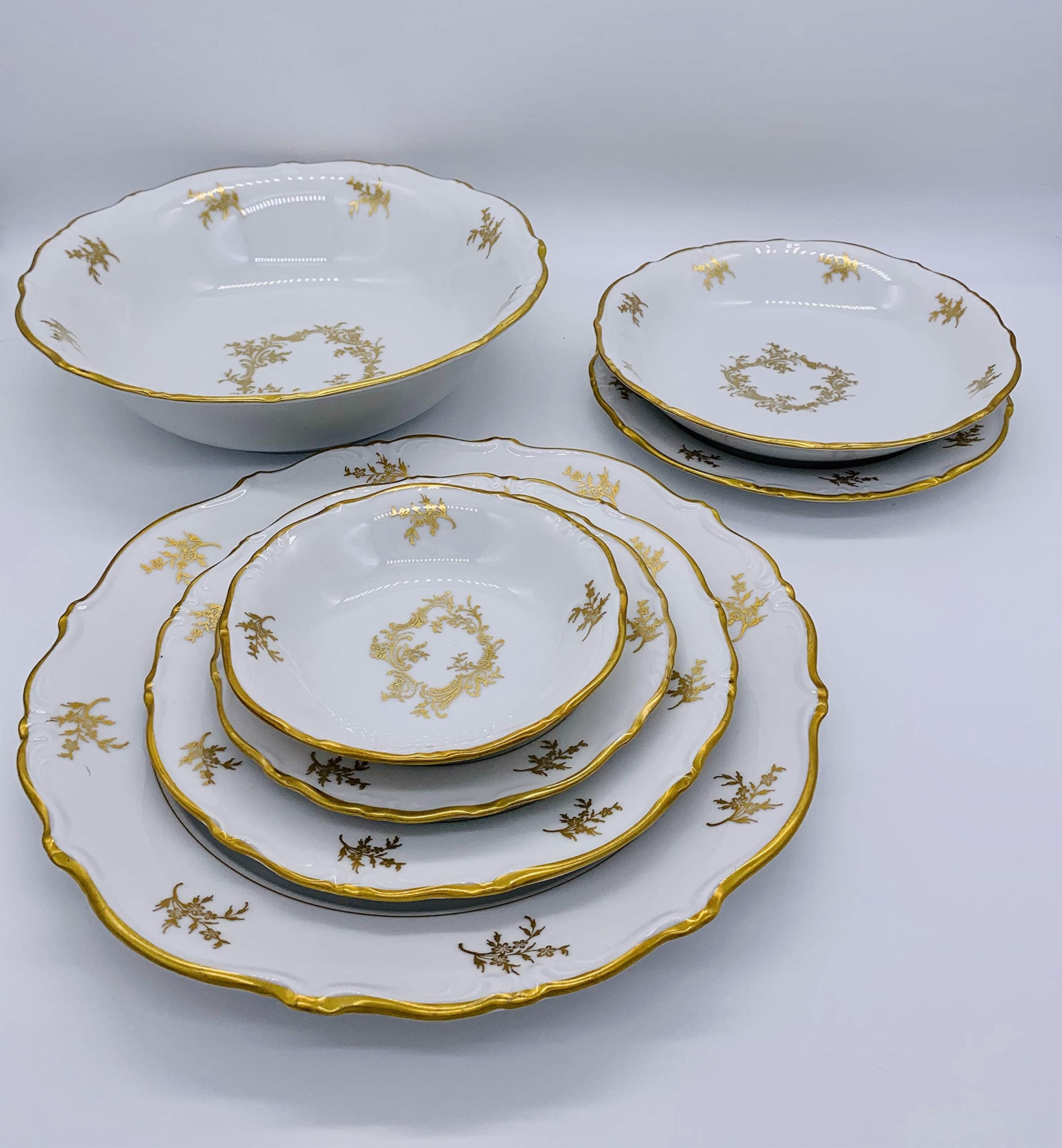 Euro Porcelain 17-Pc. Vintage 'Gold Greek Key' Tea Cup Coffee Set with 24K Gold-Plated Ornament, Complete Service for 6