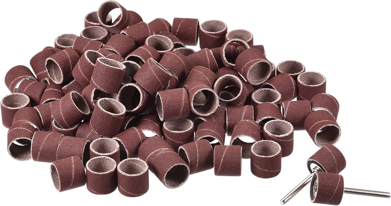 uxcell 100 Pcs 1/2 Inch Sanding Sleeves Sandpaper Set 80 Grit with 2 Pcs 1/8 Inch Drum Mandrels for Rotary Tools