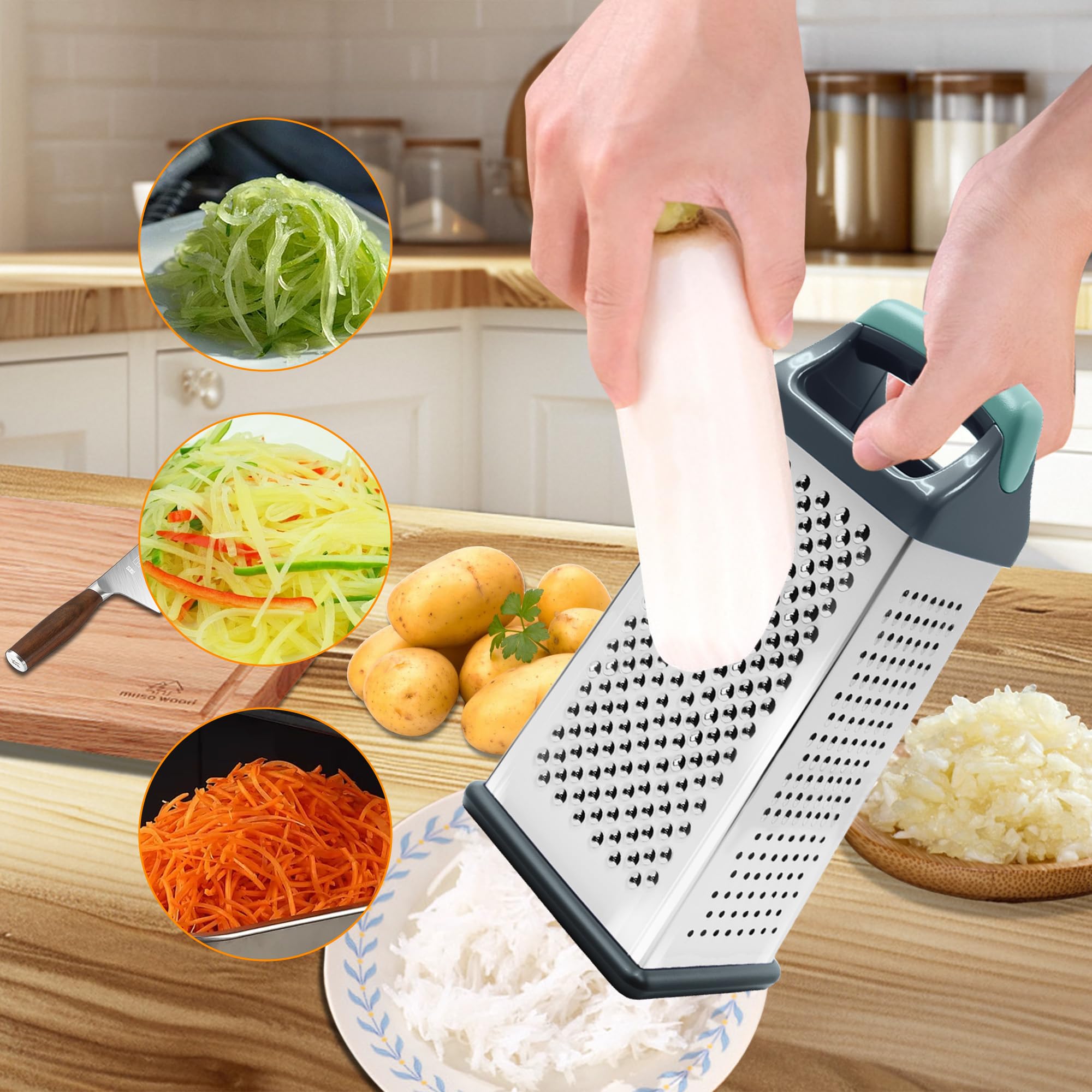 Box Grater, Stainless Steel Cheese Graters for Kitchen, 4 Sided Food Grater with Handle, Cheese Slicer for Food Vegetables Potatoes Carrot