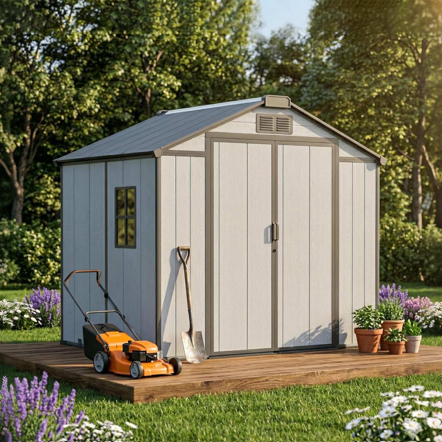 Resin Outdoor Storage Shed with Floor 5x4 FT Waterproof Plastic Sheds Kit Window Lockable Door Included, Outside Small Garden Tools Sheds for Backyard Patio