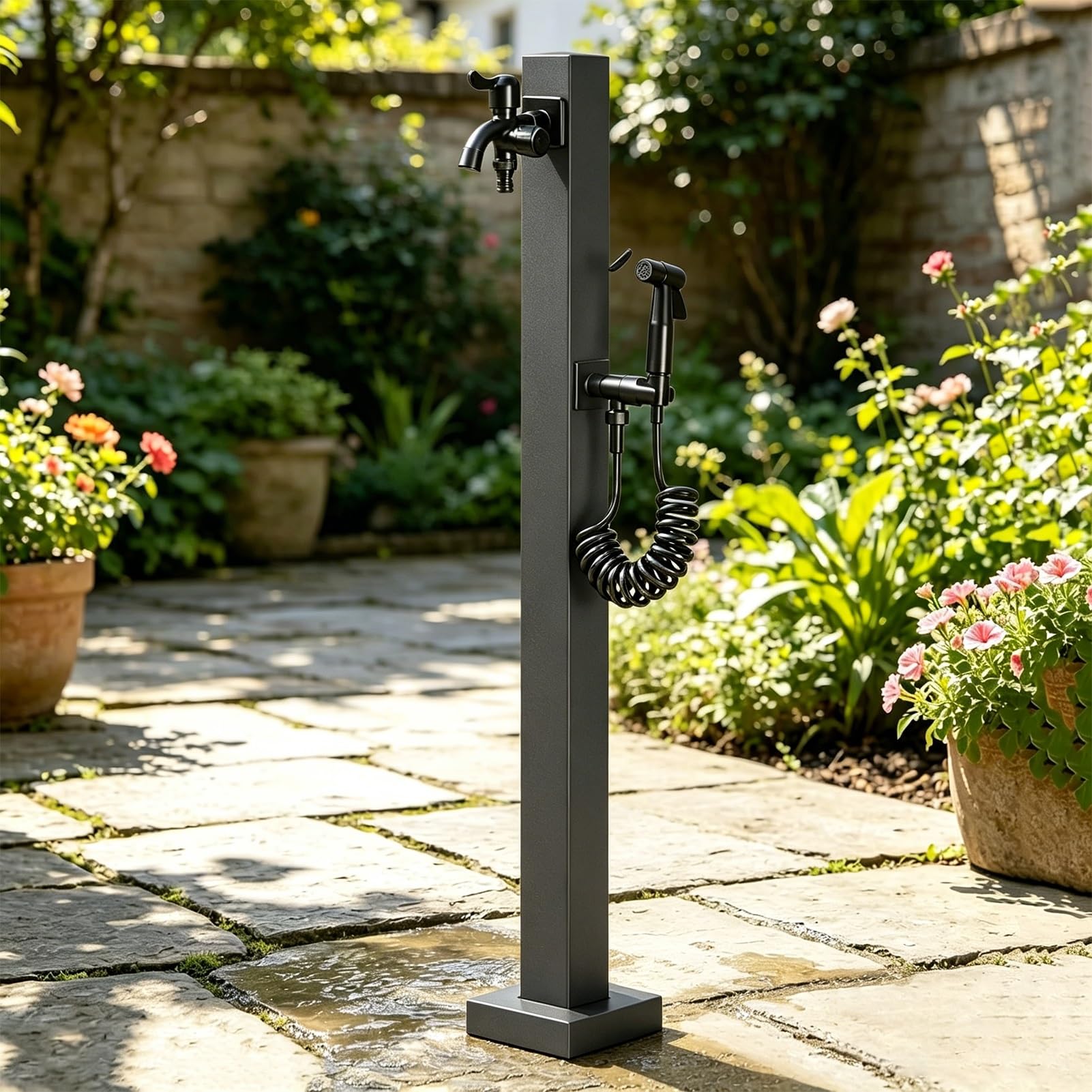 Outdoor Faucet Column Stainless Steel Water Hydrant, Garden Hose Holder with Faucet and Spray Gun, Decorative Water Feature Fountain Spigot for Patio Lawn Backyard(E,Height: 60cm/23.6in)