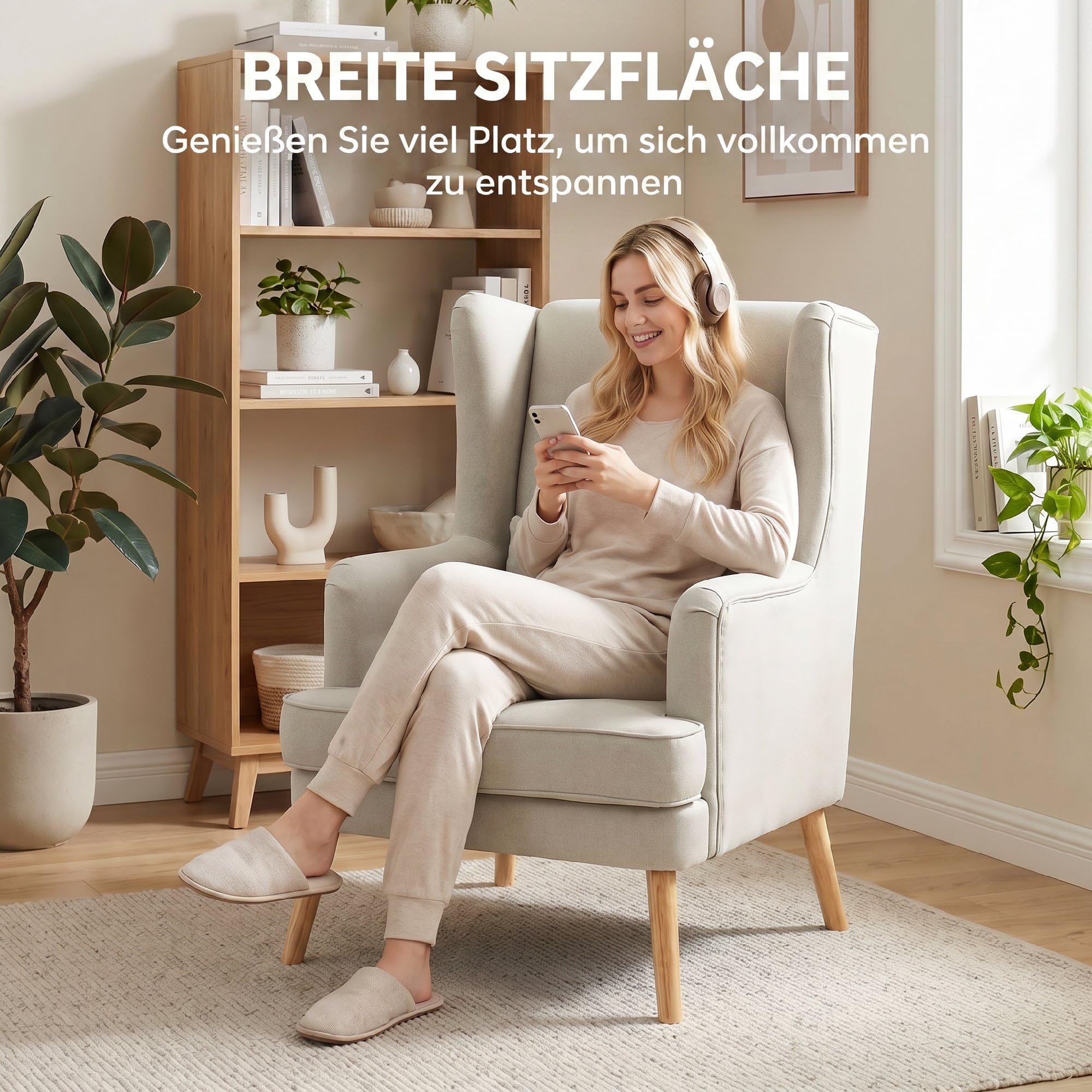 HOMCOM Ohrensessel mit Lendenkissen Hoher Rückenlehne Breitem Sitz Beige