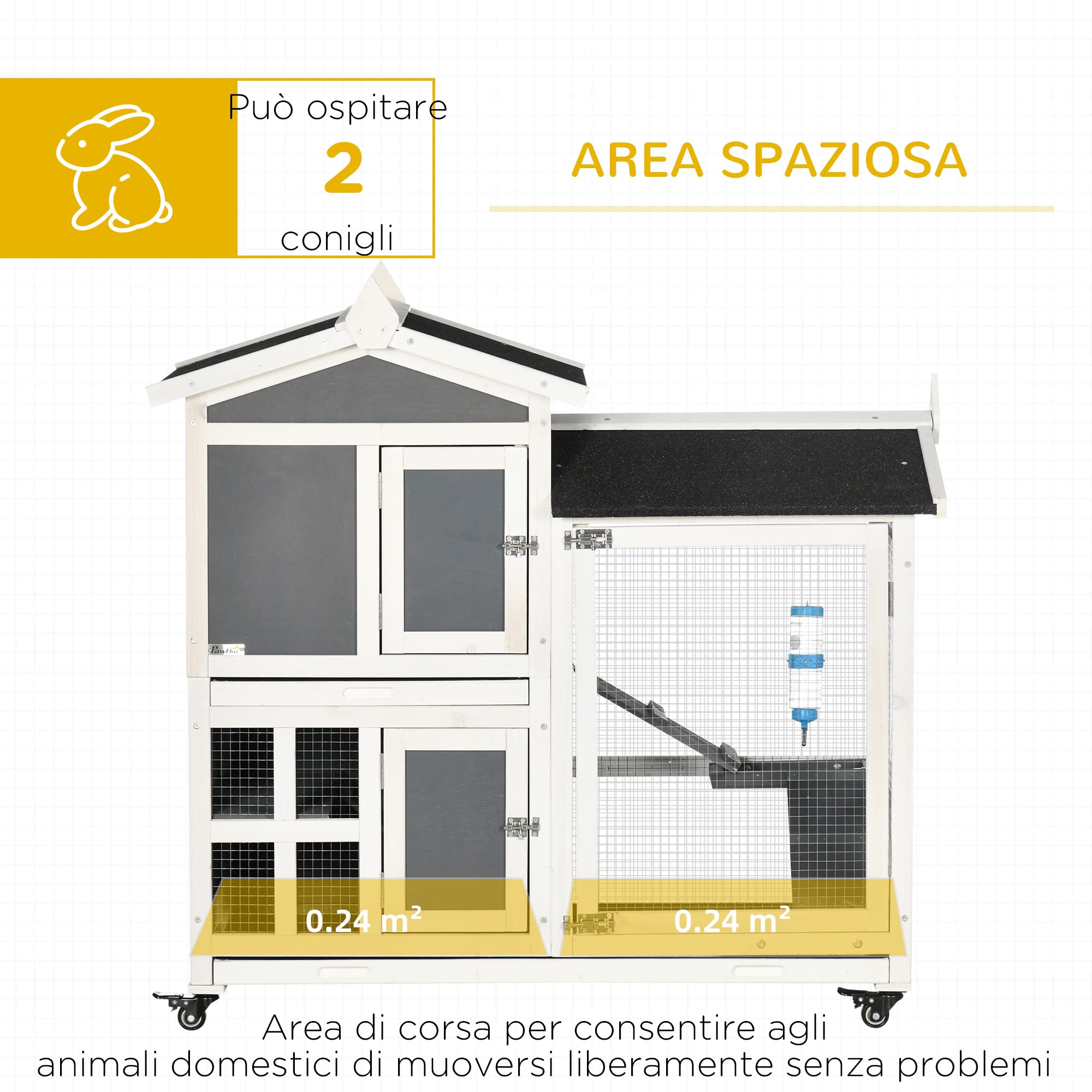 PawHut Conigliera da Esterno per 2 Conigli in Legno d'Abete e Tetto in Bitume con Vassoio Estraibile e Area di Corsa Condivisa, 110x60x104 cm, Grigia e Bianca