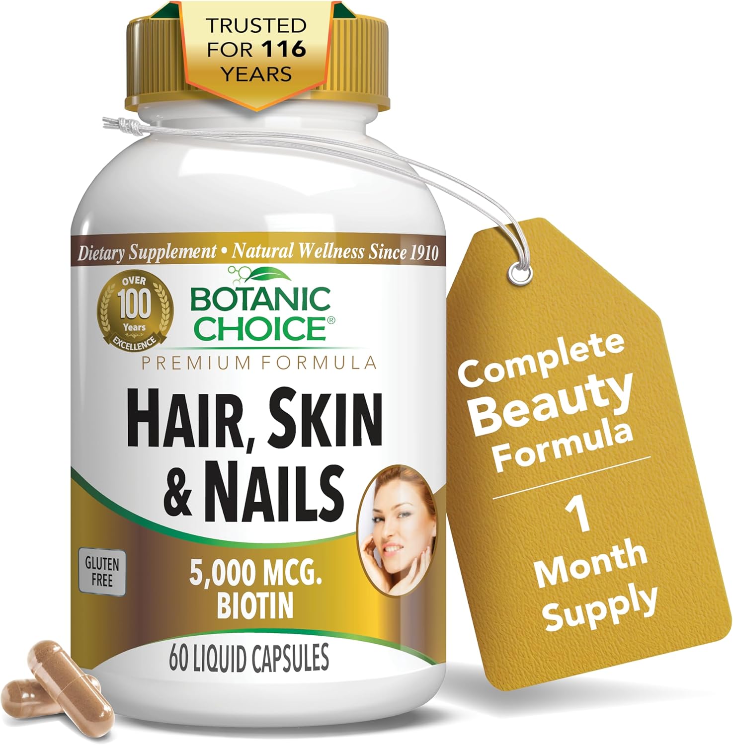 Botanic Choice Hair Skin and Nails Vitamins - Biotin Supplement with Collagen, Vitamin C, & Iron - Super Antioxidant Blend with Argan Oil & Hyaluronic Acid - 60 Liquid Capsules