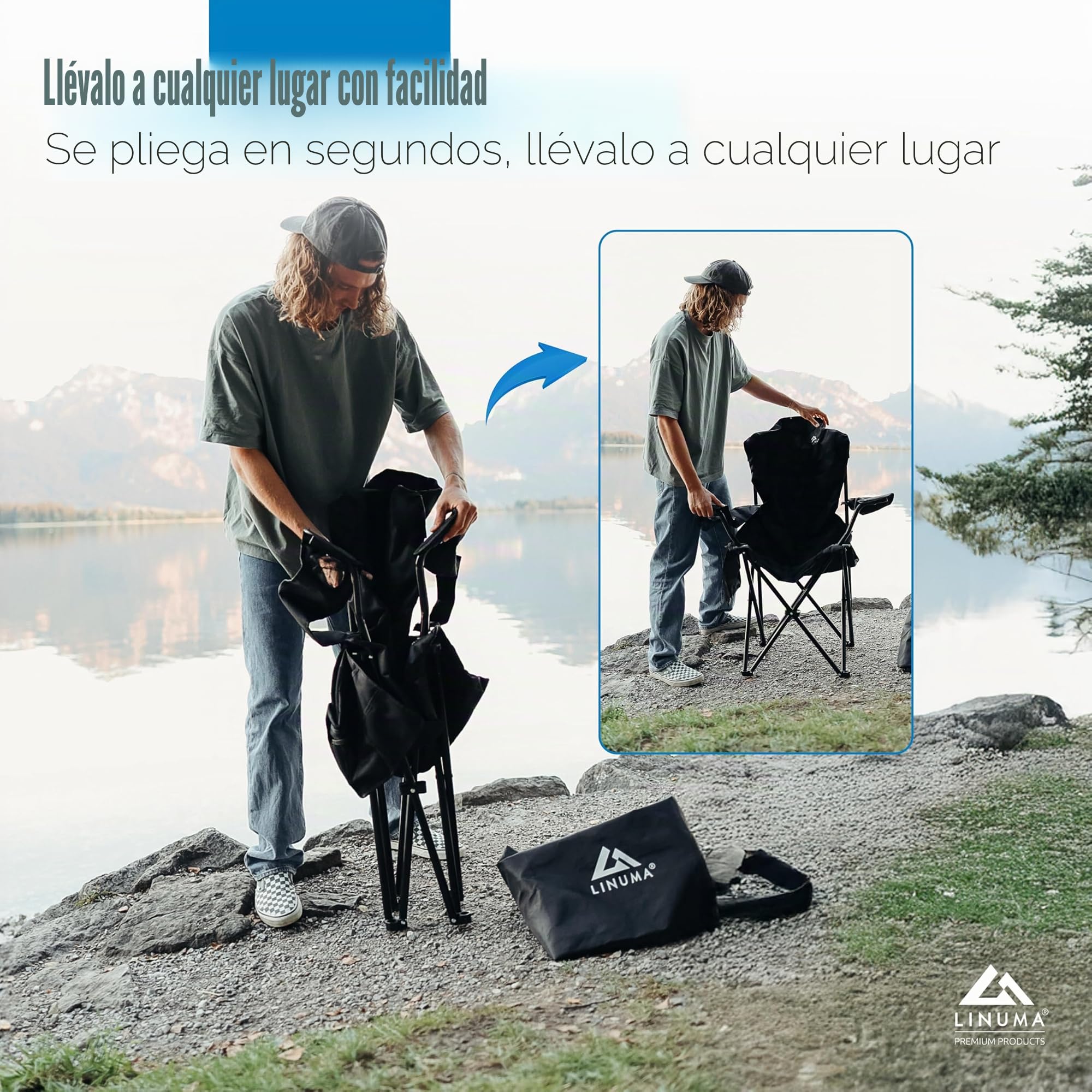 Silla de Camping de Lujo Plegable Color Negro con Soporte para Bebidas y Bolsa de Transporte – Silla Resistente y cómoda de Aluminio para Camping, Pesca, jardín y Playa