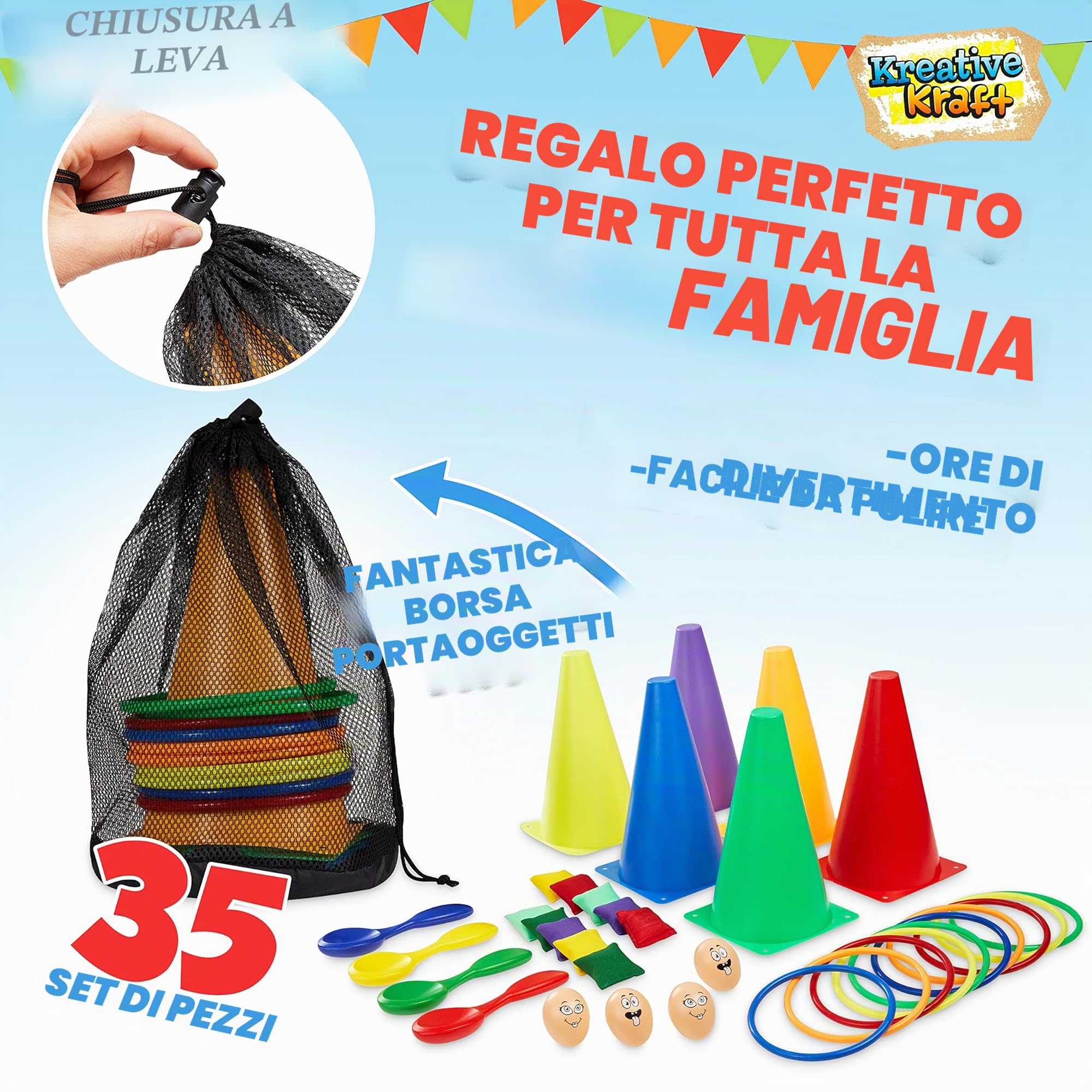 KreativeKraft Giochi da Esterno per Bambini Giardino Giochi per Feste Bambini Adulti Gioco Cucchiaio e Uovo Corsa Sacchi Lancio Degli Anelli (4 in 1 Set)