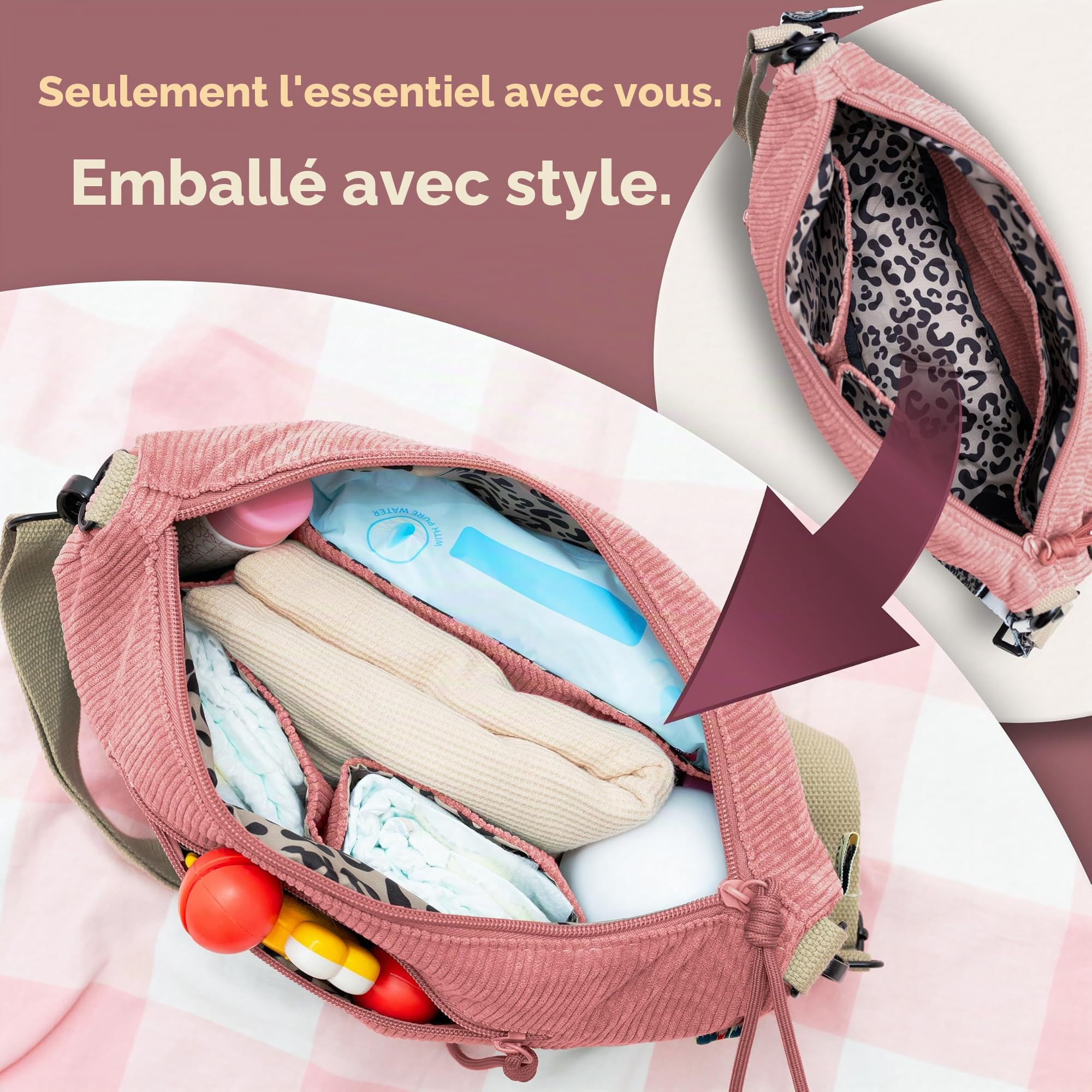 Jubi Moon Bag Sac à langer en velours côtelé rose – Organiseur de poussette avec fixation pour poussette, sac bandoulière pour femme, petit sac à langer avec compartiments et porte-bouteilles, sac à