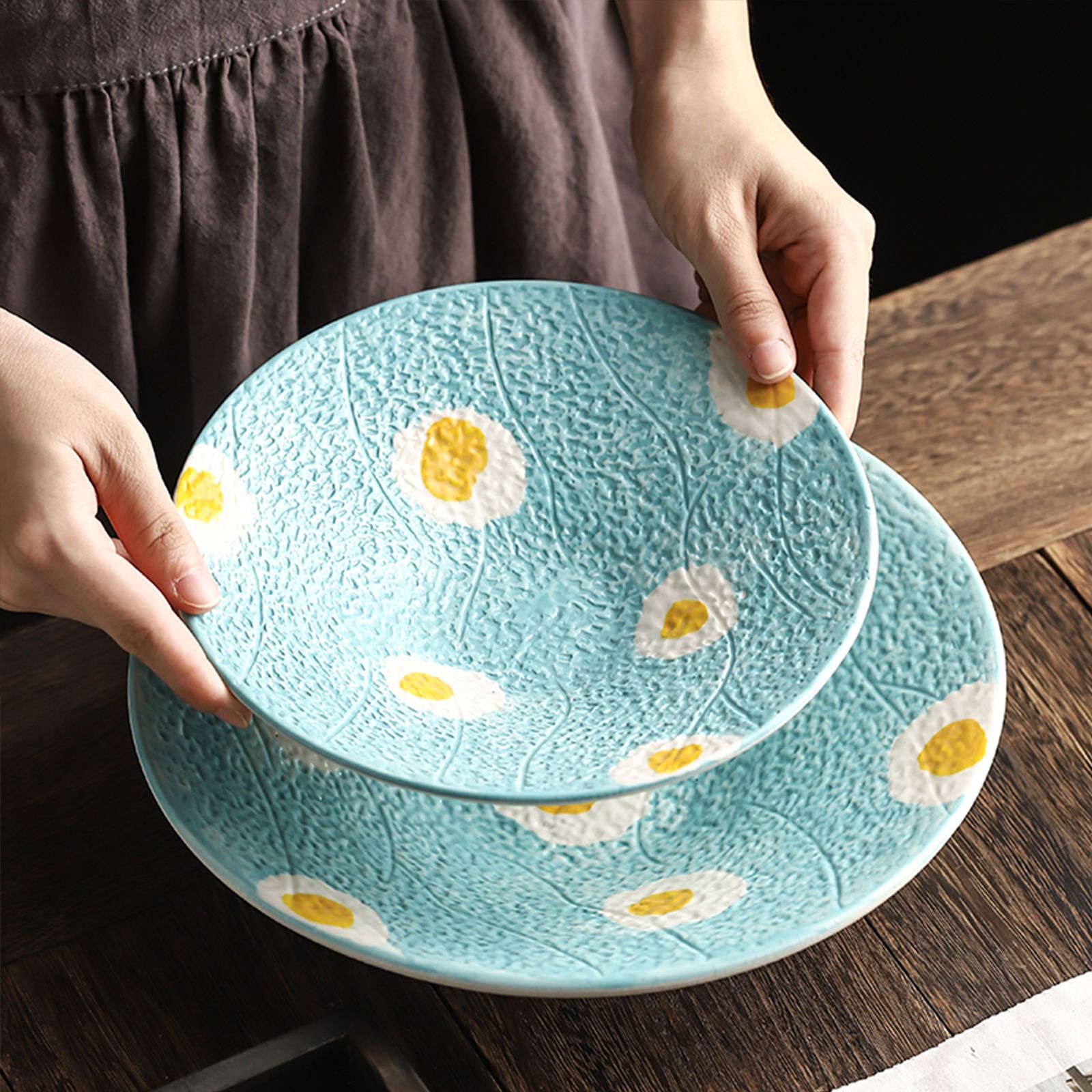 Ensaladeras Grandes de cerámica para Servir, Ensalada de Pasta, Cuenco para Servir, Plato Hondo Colorido, Juego de 2, Azul, 25 cm (Azul 20 cm)