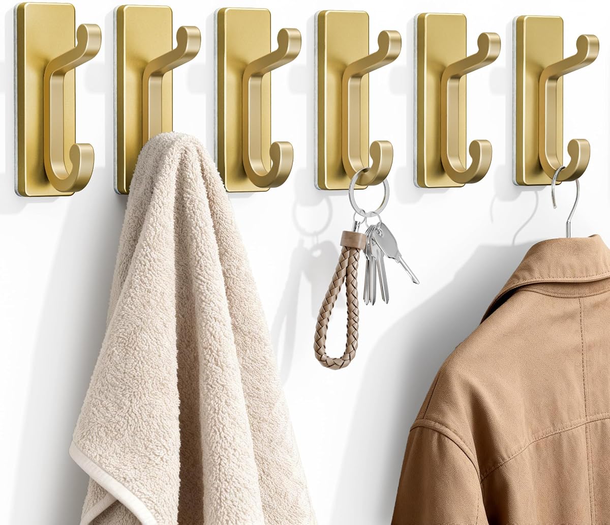 Gold Self Adhesive Wall Hooks for Coats - StainlessDouble Hook. | for Clothes, Towel, Keys, Purse, Backpack, Bag, Hat, 6 Pack Coat Hook for Door, Bathroom, Bedroom, Heavy Duty.