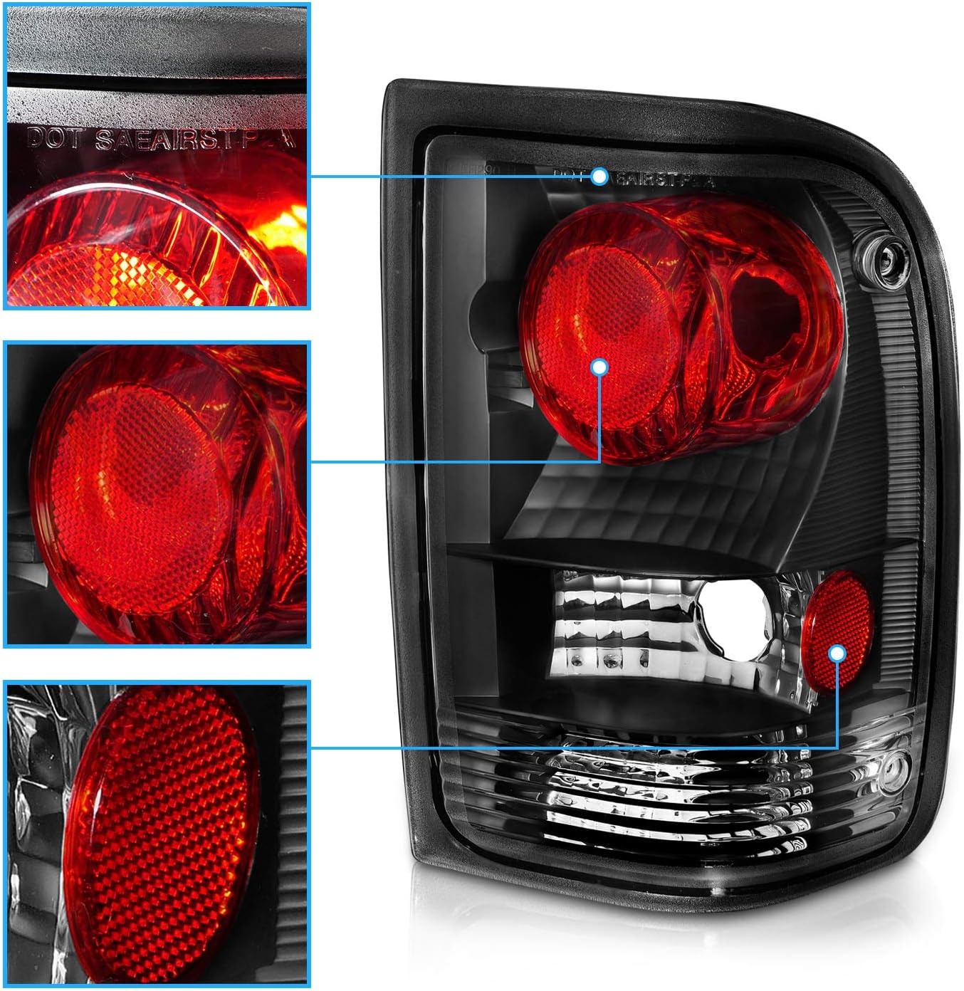 AmeriLite for 1993-1997 Ford Ranger Black JDM Replacement Brake Tail Lights Assembly Set - Passenger and Driver Side