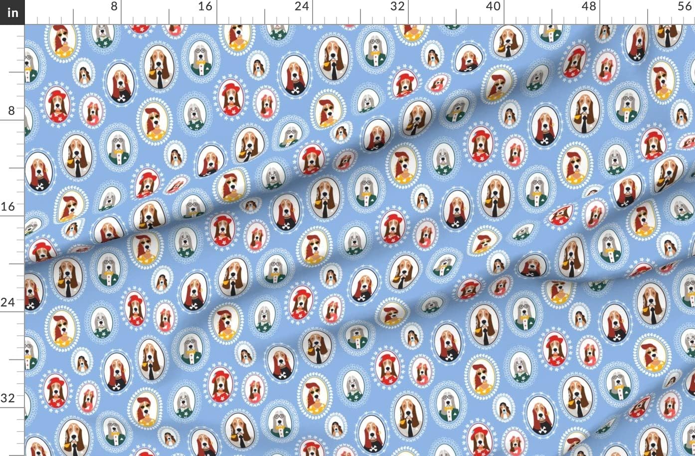 Spoonflower Fabric - Basset Family Portraits Blue Dogs Frames Hound Fun Printed on Organic Cotton Sateen Fabric by The Yard - Sewing Quilting Apparel Home Decor