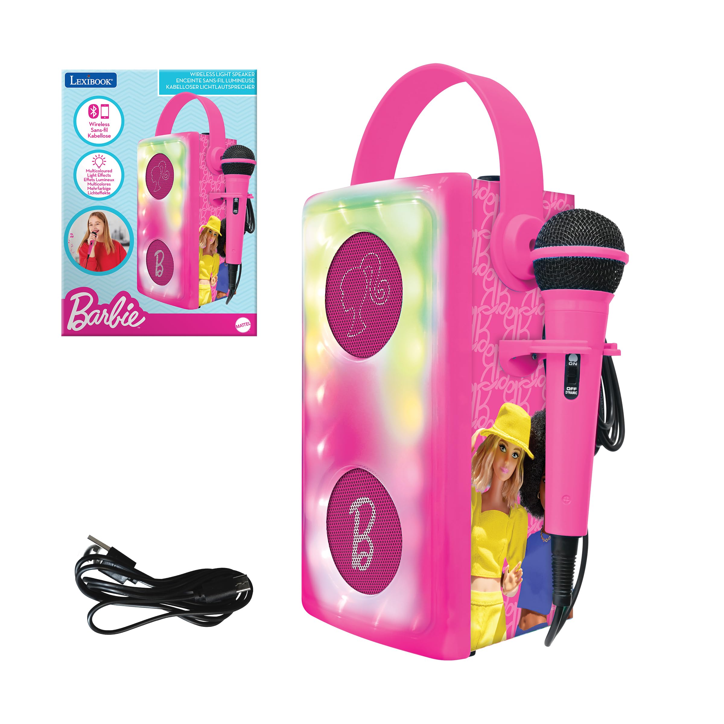 LEXIBOOK, Barbie, Wireless Bluetooth® Speaker with Microphone, Multicolor Light Effects, SD/TF Card Slot, Rechargeable Battery, Pink, BTP185BBZ