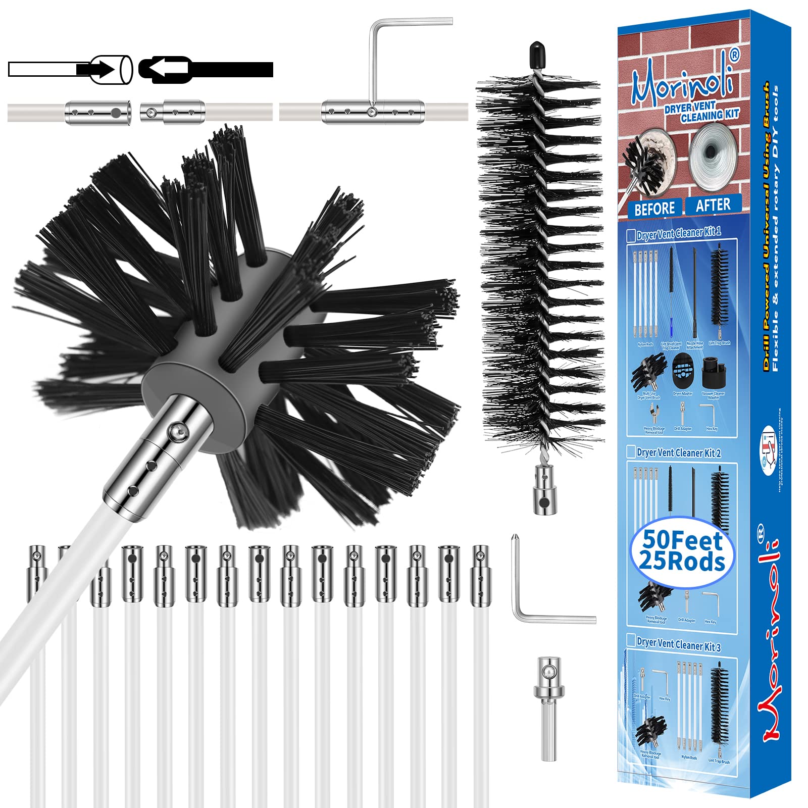 Morinoli 50 Feet Dryer Vent Cleaning Kit, Chrome Button Locking System, Extends Up To 50 Feet