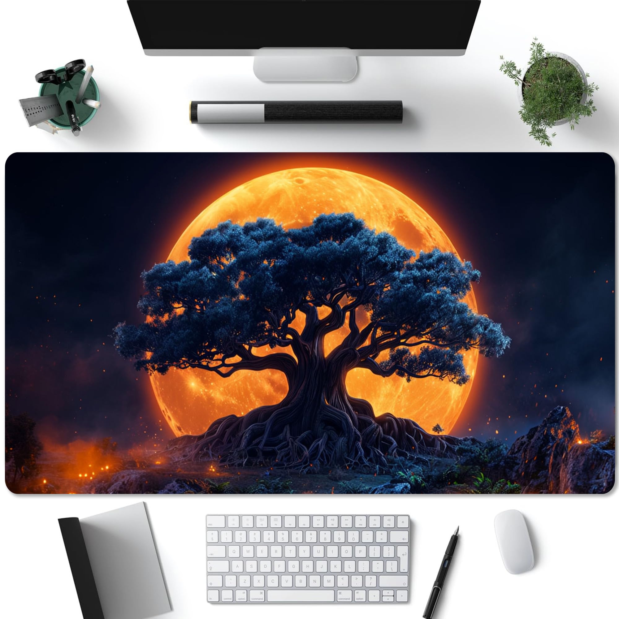 Majestic Moonlit Tree Desk Mat, Large Extended Gaming Mouse Pad for Home Office, Non-Slip Desk Mat with Glowing Orange Moon, Smooth Surface for Work,