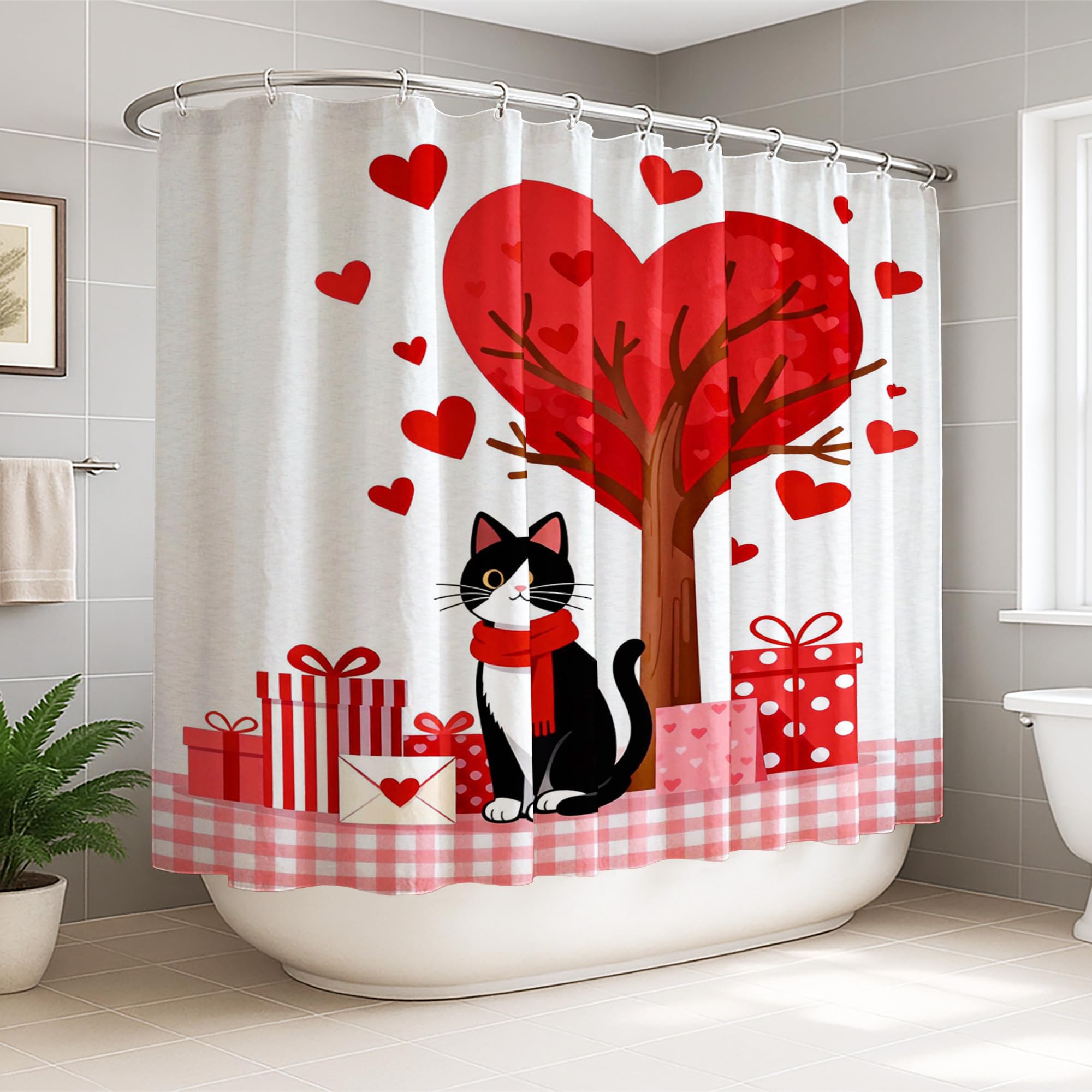 Rideau de bain imprimé chat et cœur ludique, une idée cadeau originale
