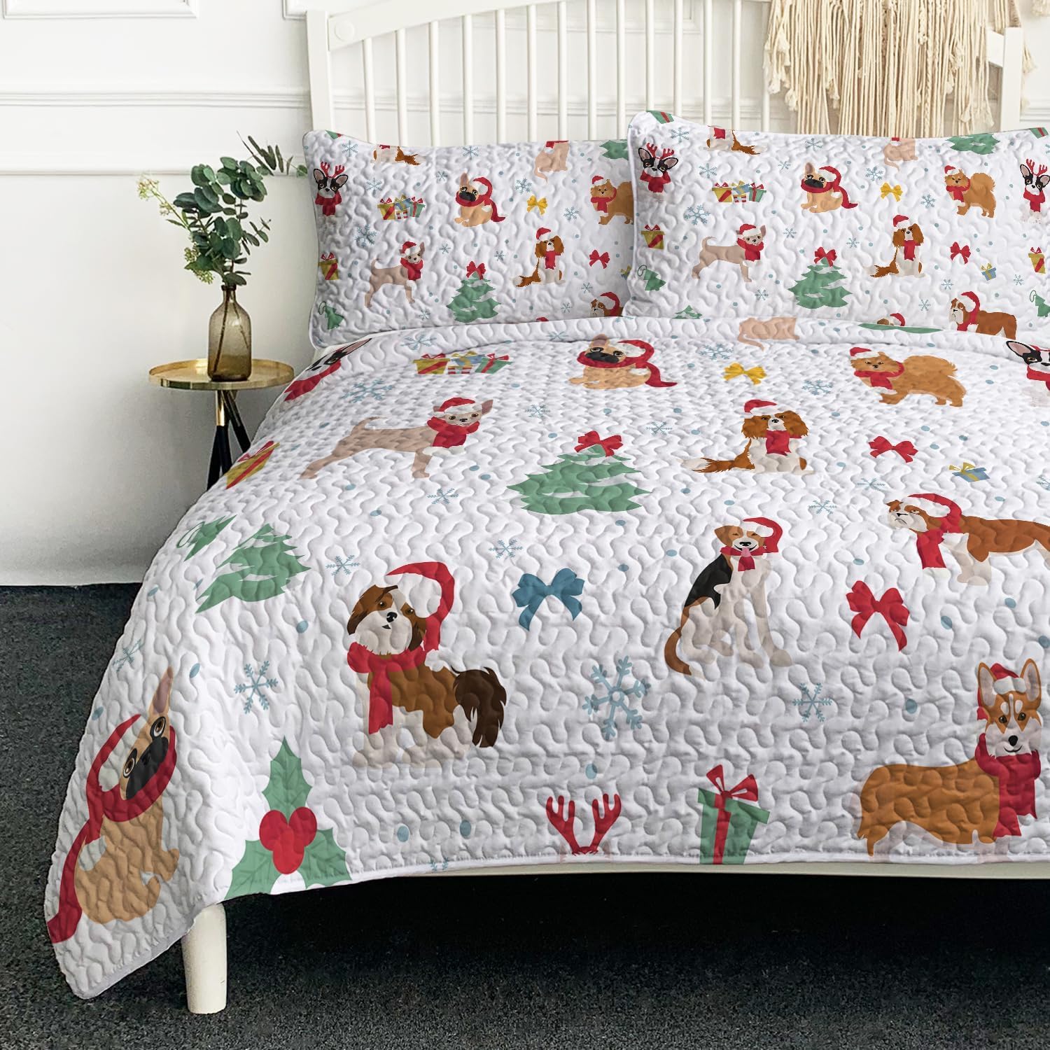 BlessLiving Dog Christmas Quilt Set Full Size, Kids Cute Puppy Xmas Theme Bedspread-size80 x90, Soft Lightweight Coverlet, Bed Cover for All Seasons-3 Pieces, Includes 1 Quilt, 2 Shams
