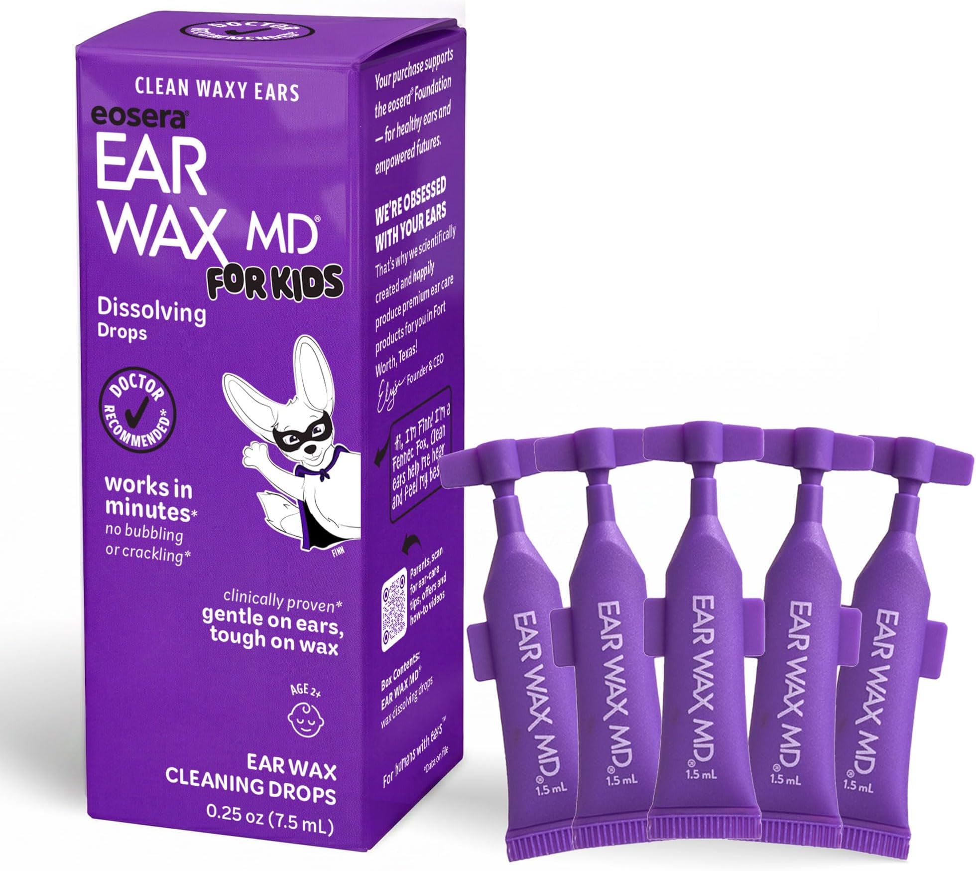EOSERA Ear Wax MD for Kids โ Ear Wax Dissolving Drops, 5pk Vials | Fast-Acting Formula | Breaks Down Buildup in as Little as 1 Treatment | Clinically Proven | Gentle & Safe for Kids Ages 2+