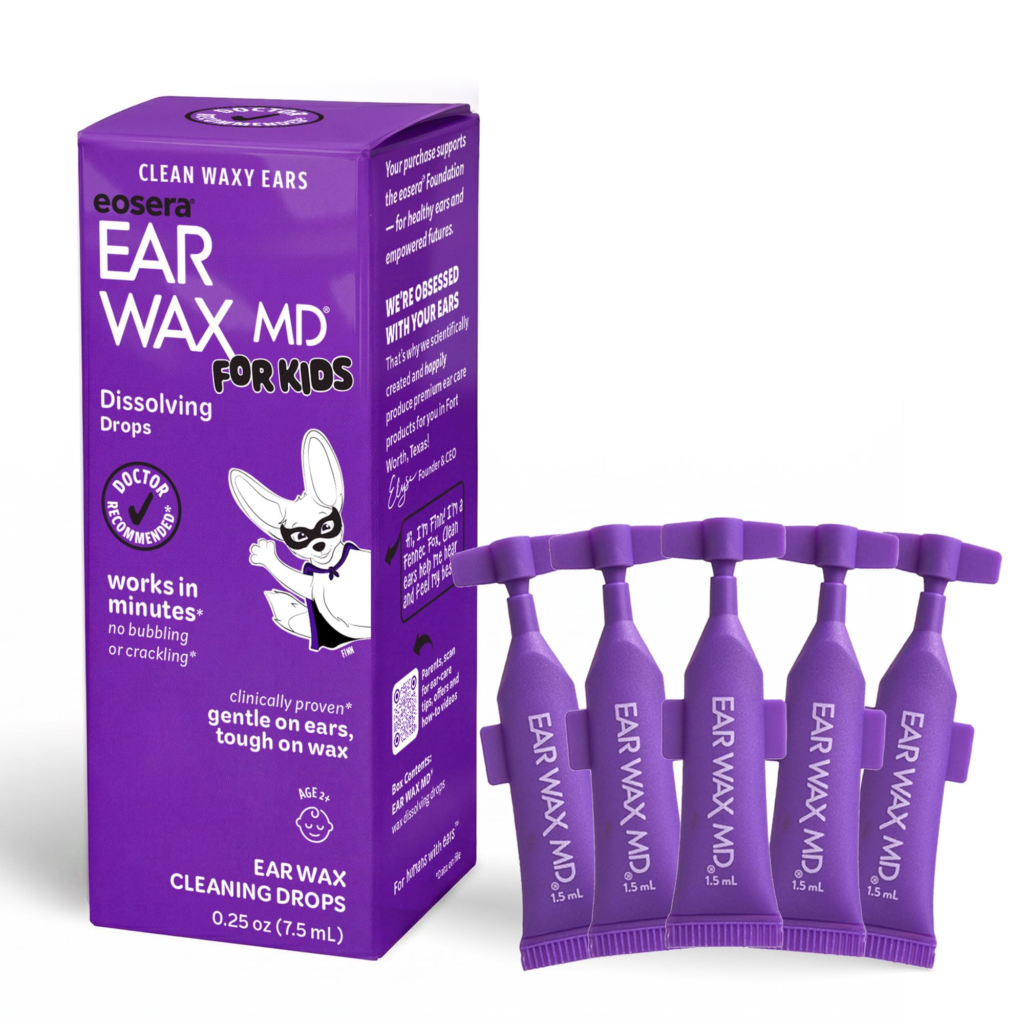 eosera® Ear Wax MD® para niños, gotas de limpieza de cera, 5 frascos de un solo uso, acción rápida, descompone y disuelve la cera en solo 1 tratamiento, clínicamente probado, suave y seguro