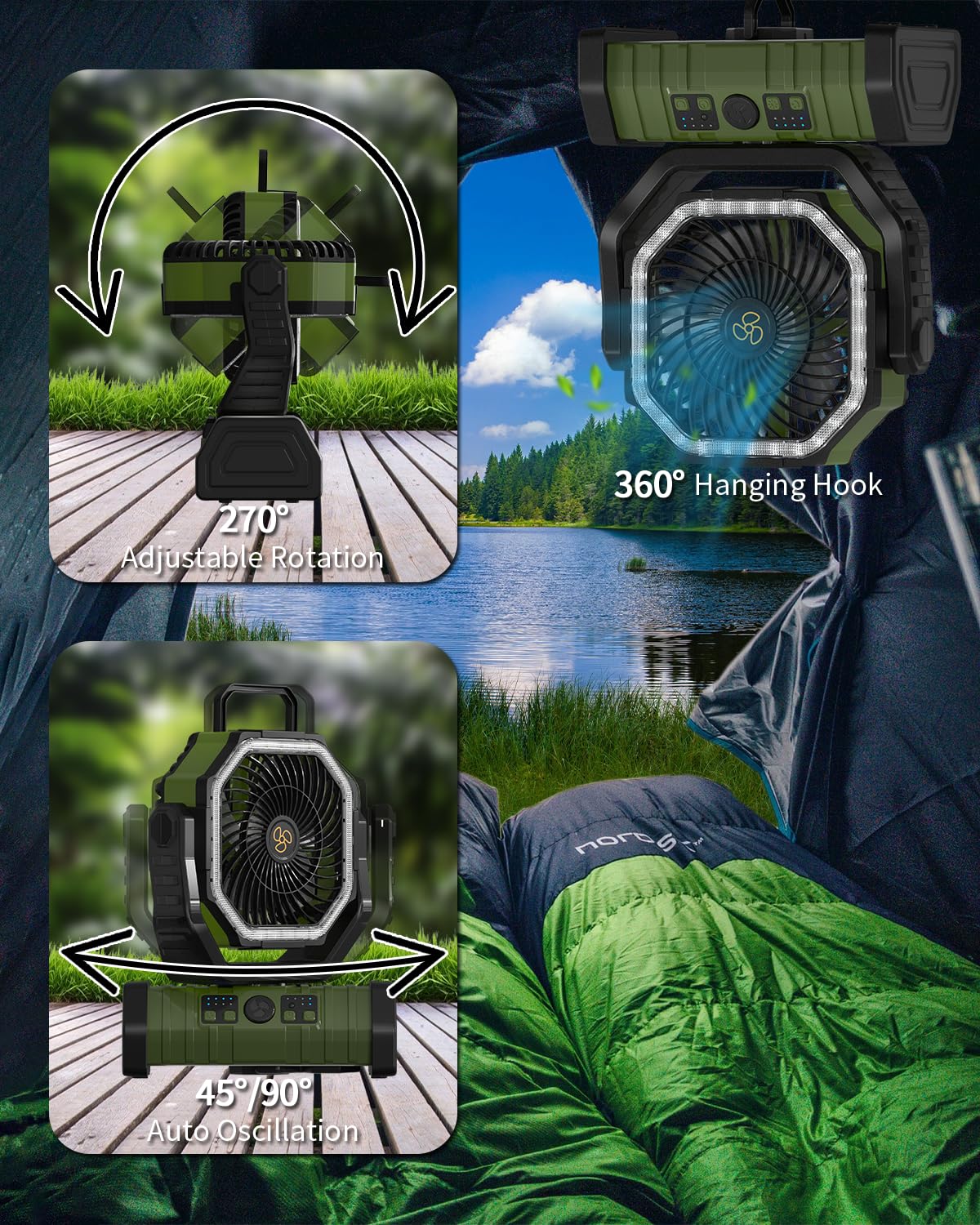 ADUST Ventilador de camping alimentado por batería con luz LED, ventilador portátil recargable de 20000 mAh, ventilador de escritorio oscilante inalámbrico USB con gancho giratorio para colgar en