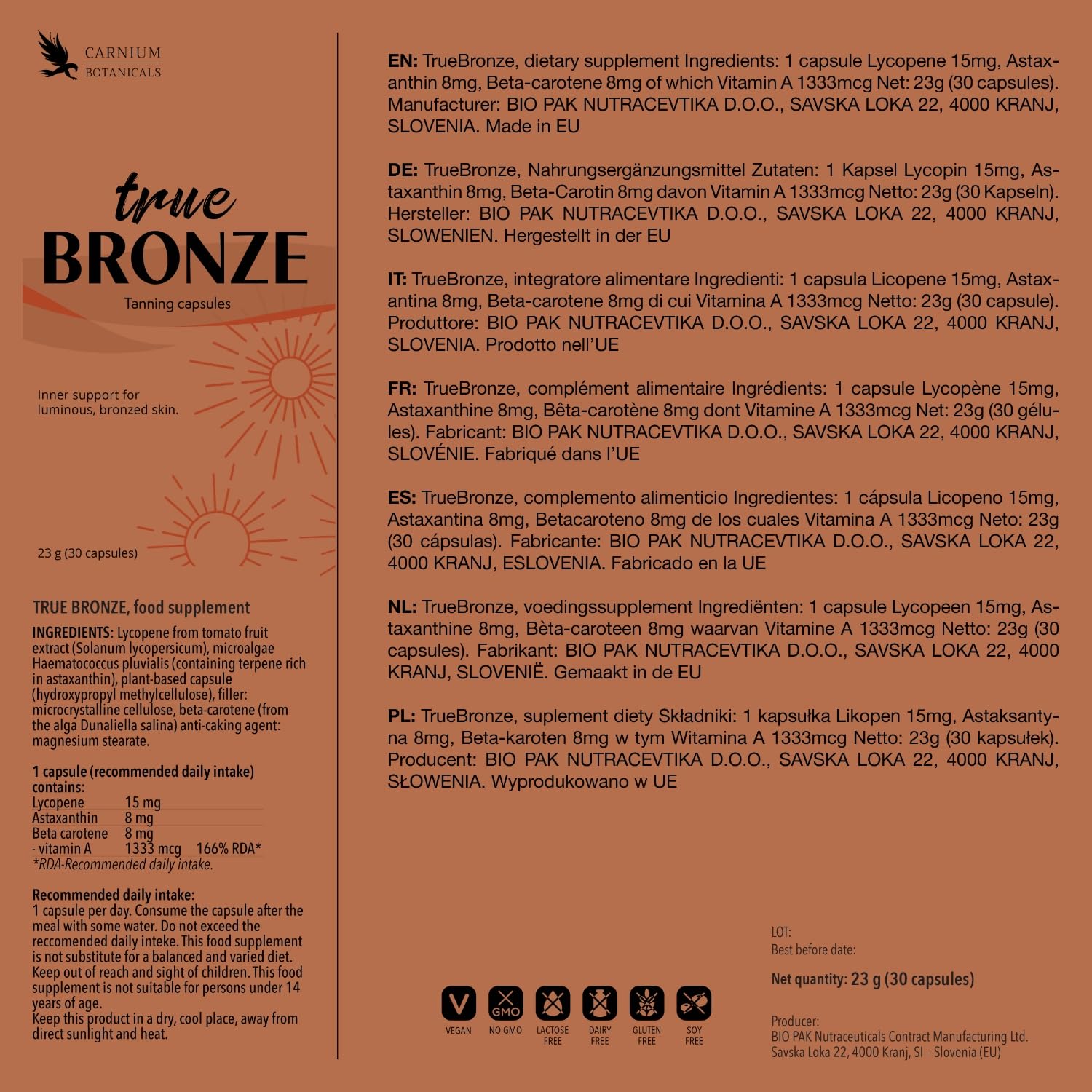Carnium Botanicals True BRONZE – Bräunungskapseln, 30 Stück | Astaxanthin, Beta-Carotin, Vitamin A, Für Haut & Teint, Carotin Kapseln
