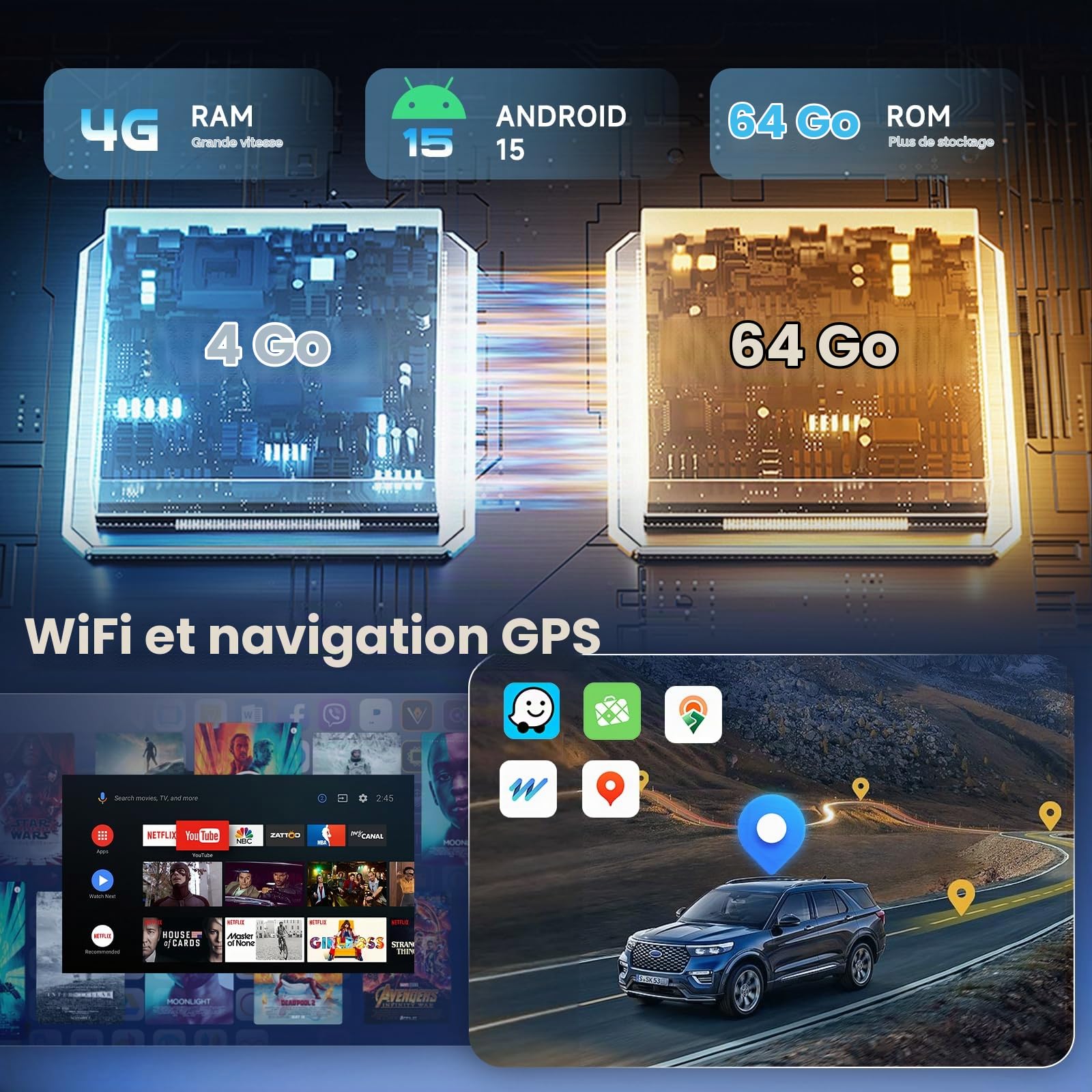 Hodozzy 4G+64GB Autoradio Android 2 Din avec Carplay Android Auto sans Fil, écran Tactile 7 Pouces, Poste Radio Voiture Double Din avec GPS, Bluetooth DSP, WiFi, FM RDS, Type-C/USB, Caméra de Recul