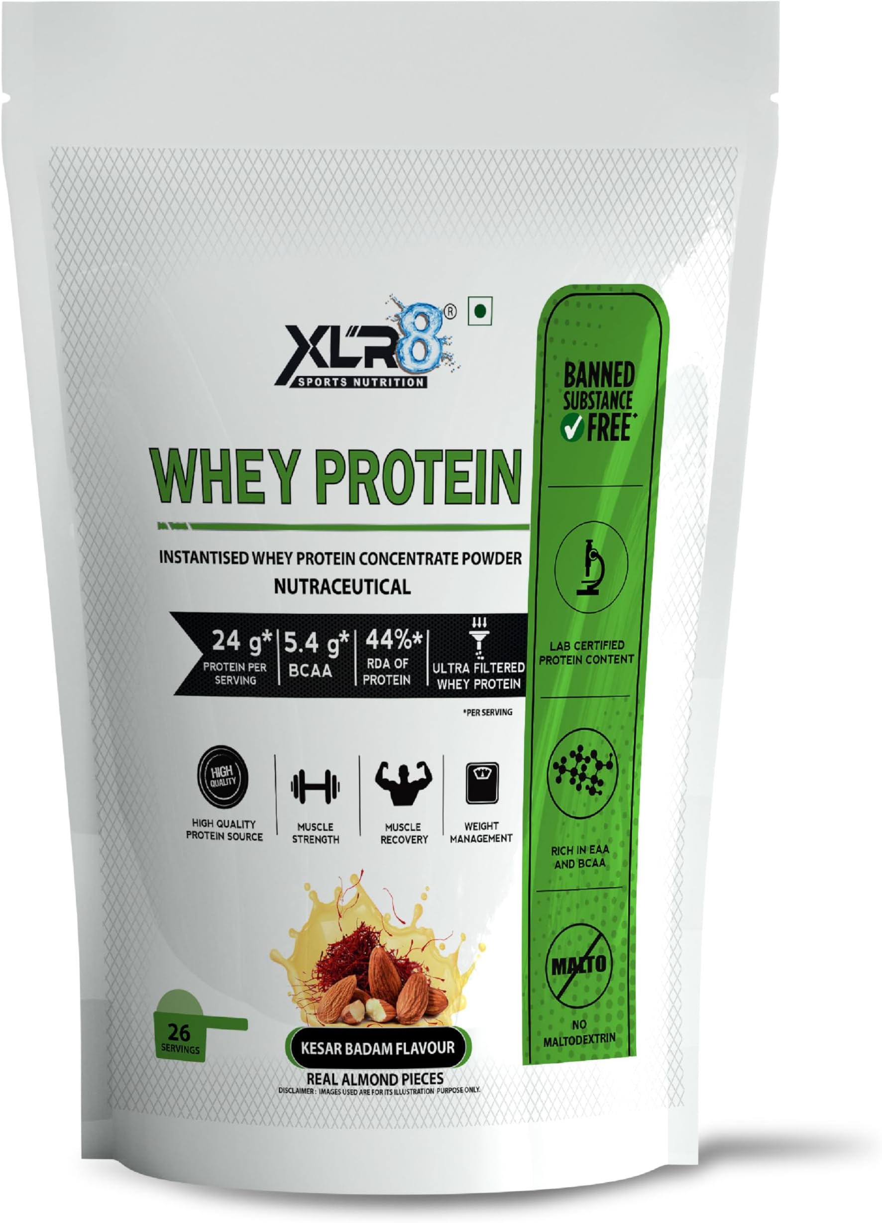 XLR8 Whey Protein Powder With 24 g Protein, 5.4 g BCAA- 2 Lbs / 907 g (Kesar Badam)