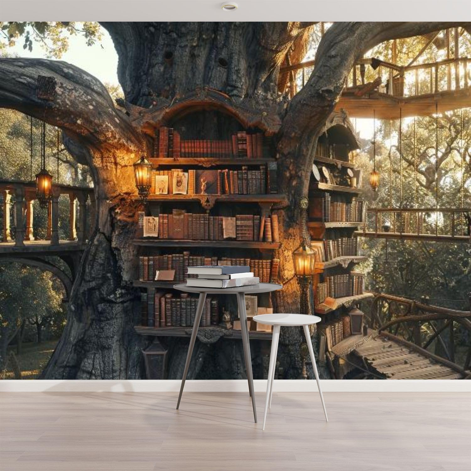 3D Modern Canvas Wallpaper Mural Oak Tree Bookcase Antique Tomes Relics Peel and Stick Removable Self Adhesive Wall Stickers for Living Room Kids Bedroom Home Decor, 100x144inch