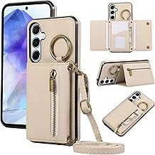 ESONG Portefeuille Bandoulière Coque pour Samsung Galaxy A34 5G avec Anneau, Etui en Cuir PU Flip Folio Cordon Housse pour Fille, Magnétique, Béquille, Fentes de Cartes Beige