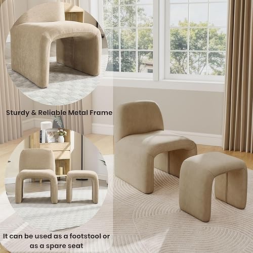 Miniatura 6 de Kaki - Silla decorativa tapizada de felpilla con juego otomano, sillas laterales modernas sin brazos para sala de estar, dormitorio, espacio